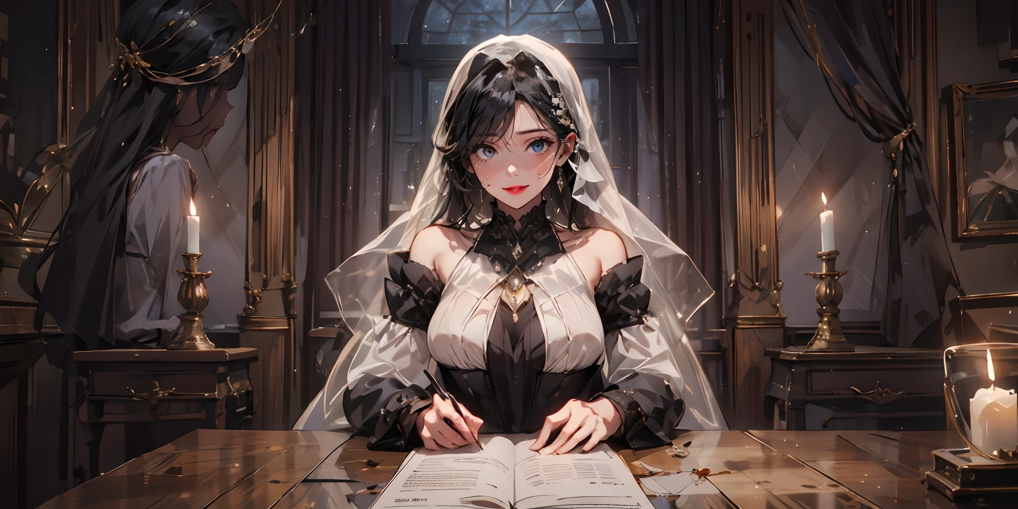 black_hair, indoors, breasts, curtains, long_hair, bare_shoulders, sitting, 1girl, looking_at_viewer, jewelry, reflection, dress, large_breasts, hair_between_eyes, detached_sleeves, mirror, gloves, black_dress, bangs, window, veil, lips, smile