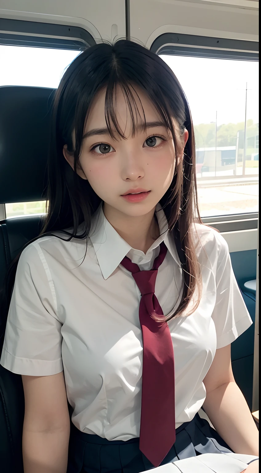 (masutepiece, Best Quality:1.2), 8K, sixteen years old,85 mm, Official art, Raw photo, absurderes, White dress shirts, Pretty Face, close up, Upper body, violaceaess, gardeniass, Beautiful Girl, School uniform, (Navy pleated skirt:1.1), Cinch West, thighs thighs thighs thighs, Short sleeve, on train, Sit on a bench seat, Looking at Viewer, No makeup, (Smile:0.4), Film grain, chromatic abberation, Sharp Focus, face lights, clear lighting, Teen, Detailed face, Bokeh background, (dark red necktie:1.1)