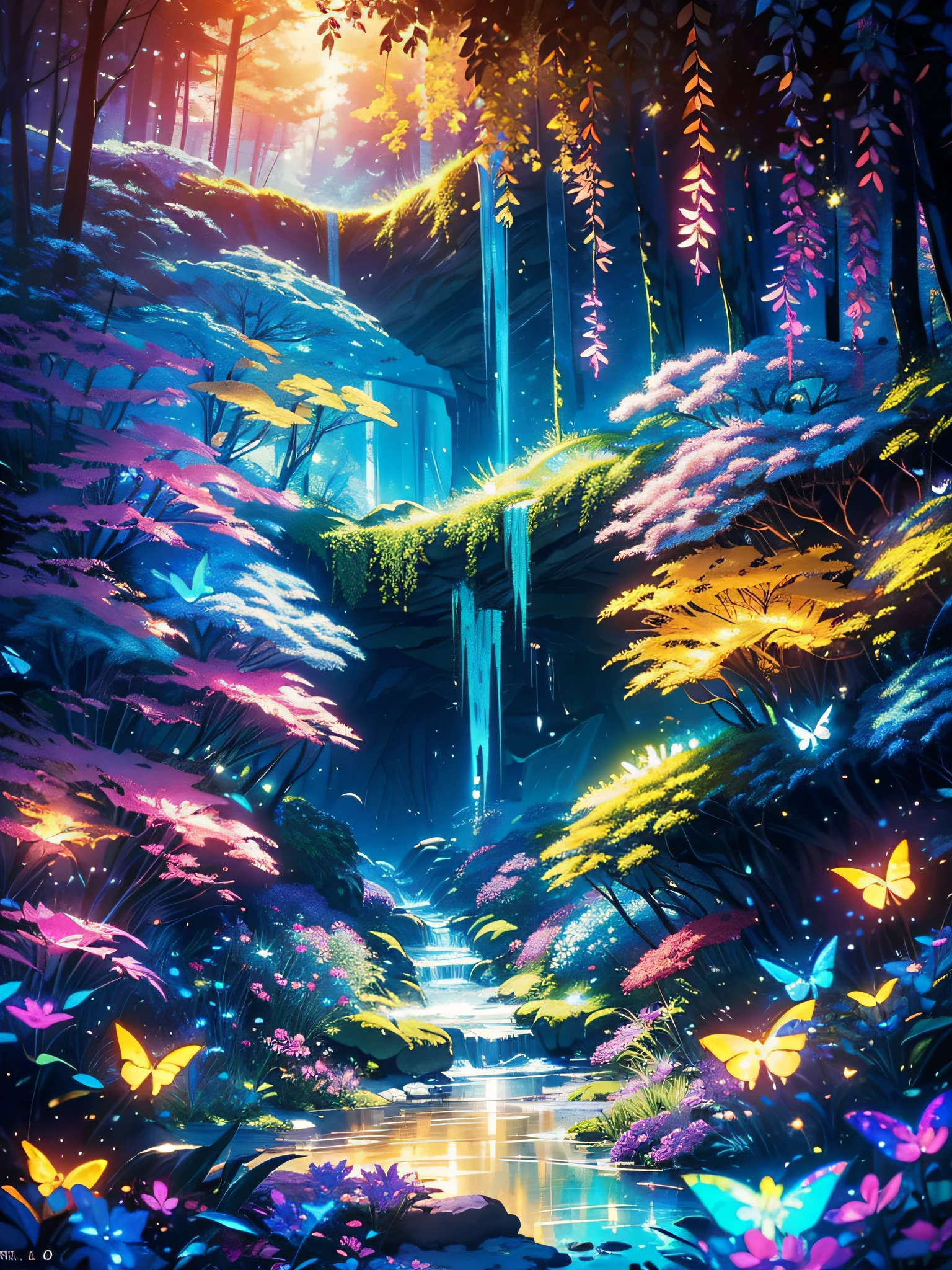 Enchanted mystical forest, neon-colored butterflies, pure blue water river spring, golden mini fairies, glowing mushrooms releasing pollen, extremely beautiful landscape, (ultra-realistic), {extremely detailed 8k CG unit wallpaper}, expansive landscape photography, (a low view that prioritizes the entire scene, (wide open field view), (low angle shot), (high light: 1.5), (low light: 1.0), (warm light source: 1.0), complex details, (iridescent colors: 1.5), (bright lighting), (atmospheric lighting), nature, magical, landscape