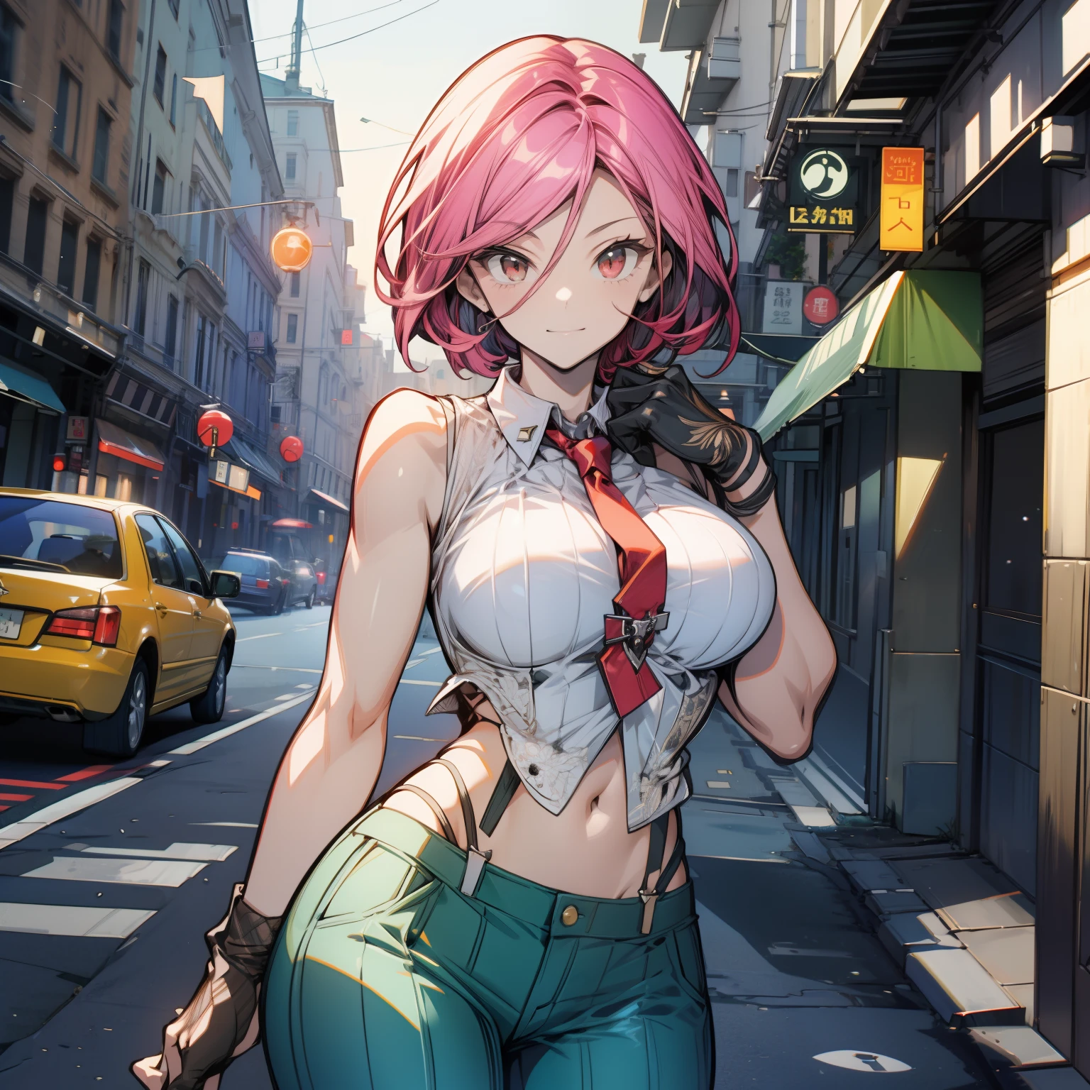 masterpiece, best quality, ultra-detailed, 1girl, VanessaMS, milf, thick, mature face, slender, thin body, tall, red tie, white sleeveless button-down shirt, modern shirt, dark green pants , striped pants, navel, smile, empty street, boxing pose, thin body, cowboy shot, volumetric lighting, intricate details, tonemapping, sharp focus, hyper detailed, sexy, flirty ;)