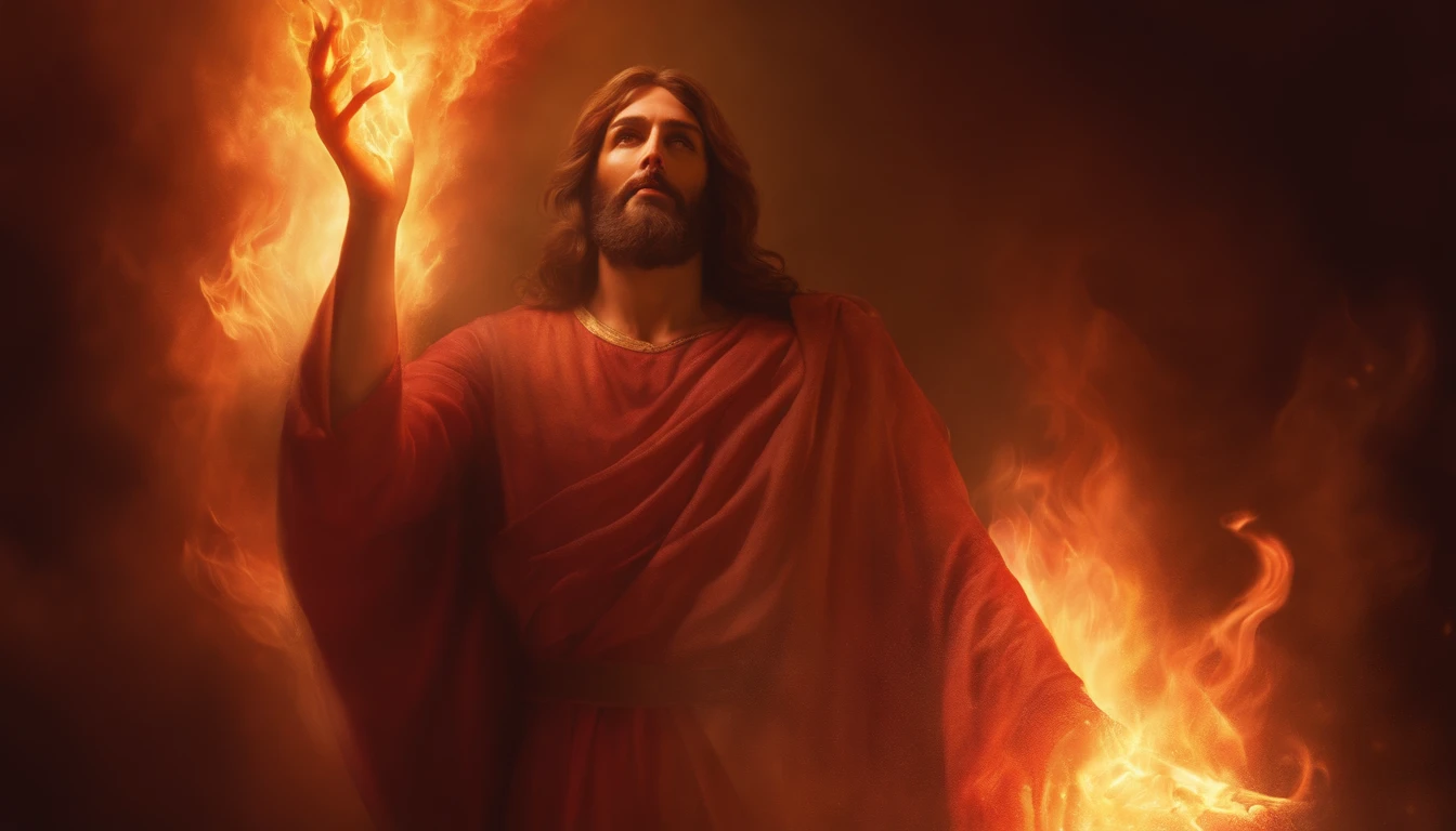Depict Jesus emitting divine light rays as the demon is consumed by demonic flames.