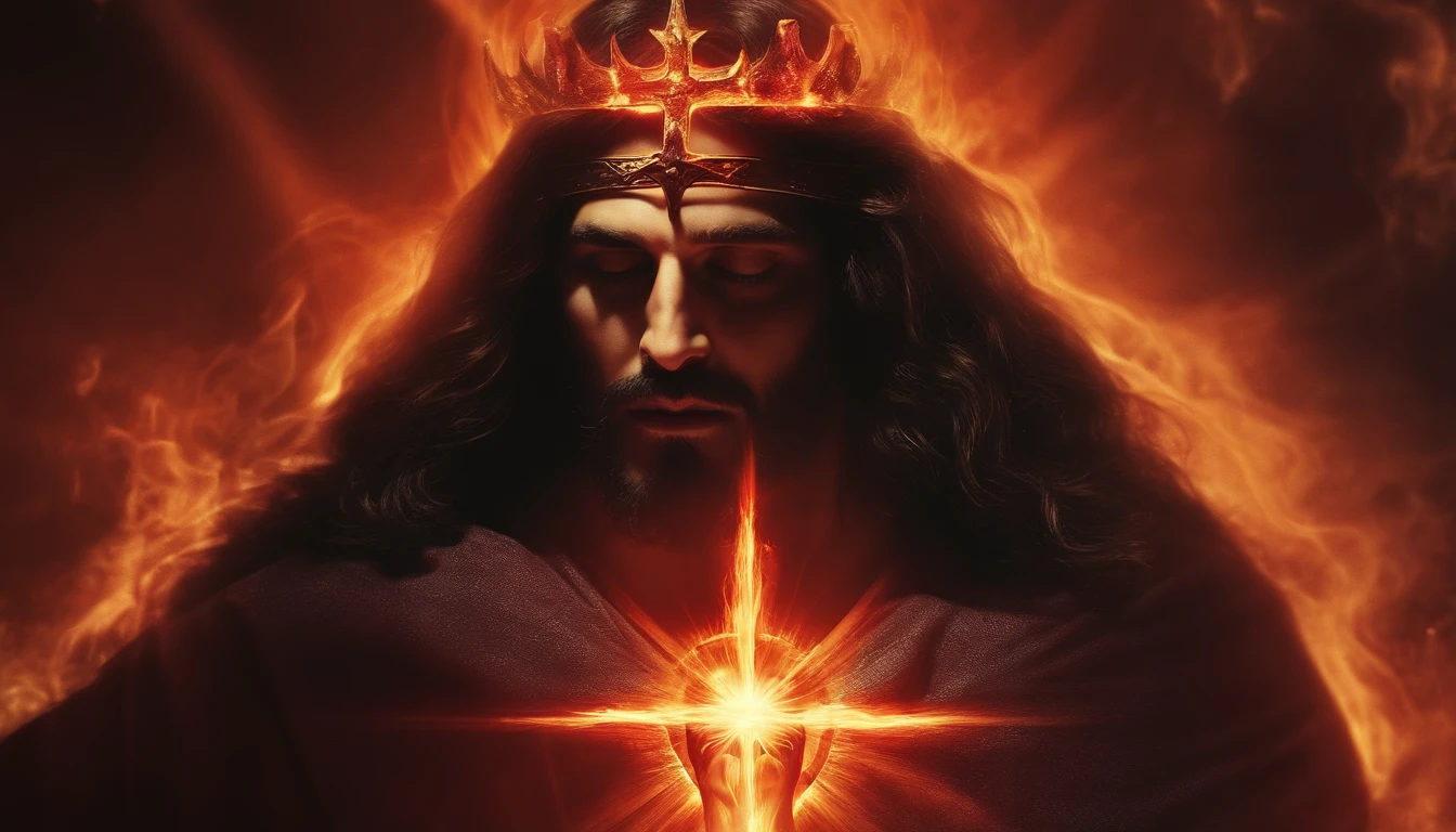 Depict Jesus emitting divine light rays as the demon is consumed by demonic flames.
