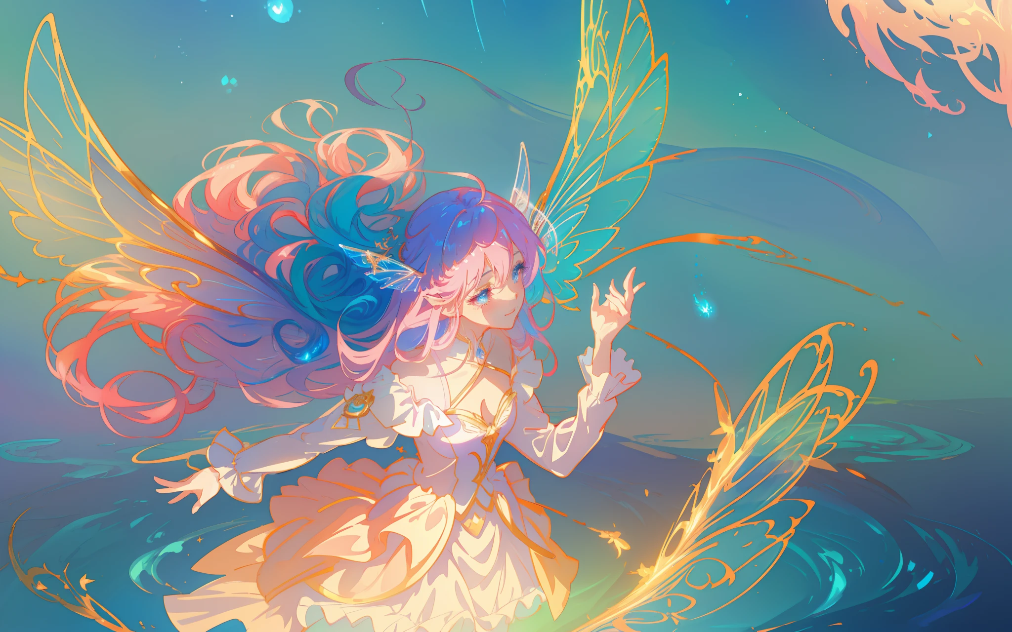 beautiful anime girl in flowing long sleeve ruffle layered ballgown, ((fairy wings)), inspired by Glen Keane, inspired by Lois van Baarle, (disney art style), by Lois van Baarle, glowing aura around her, by Glen Keane, jen bartel, glowing lights! digital painting, flowing glowing hair, glowing flowing hair, beautiful digital illustration, fantasia background, whimsical, magical, fantasy, ((masterpiece, best quality)), intricate details, highly detailed, sharp focus, 8k resolution, sparkling detailed eyes, liquid watercolor, swirling magical lines of light. pastel colors
