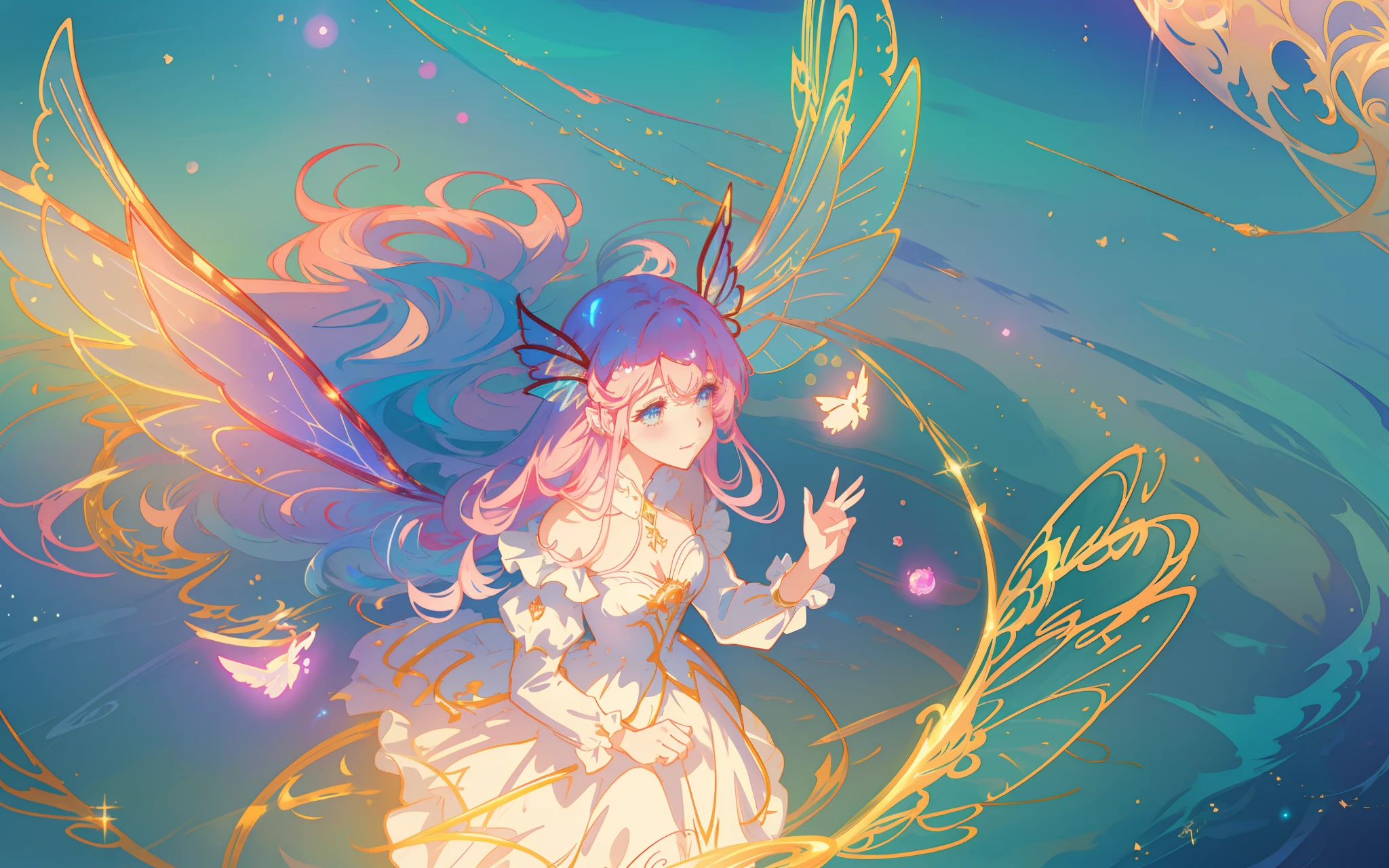 beautiful anime girl in flowing long sleeve ruffle layered ballgown, ((fairy wings)), inspired by Glen Keane, inspired by Lois van Baarle, (disney art style), by Lois van Baarle, glowing aura around her, by Glen Keane, jen bartel, glowing lights! digital painting, flowing glowing hair, glowing flowing hair, beautiful digital illustration, fantasia background, whimsical, magical, fantasy, ((masterpiece, best quality)), intricate details, highly detailed, sharp focus, 8k resolution, sparkling detailed eyes, liquid watercolor, swirling magical lines of light. pastel colors
