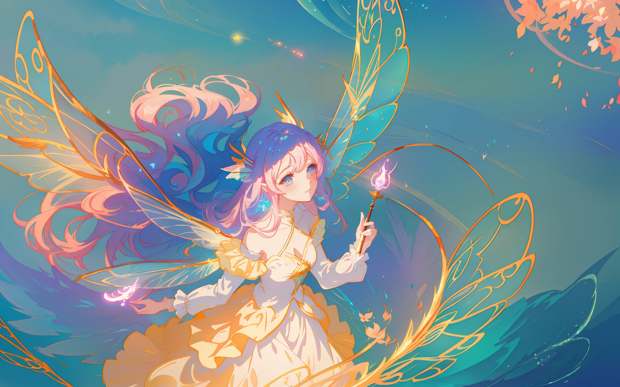 beautiful anime girl in flowing long sleeve ruffle layered ballgown, ((fairy wings)), inspired by Glen Keane, inspired by Lois van Baarle, (disney art style), by Lois van Baarle, glowing aura around her, by Glen Keane, jen bartel, glowing lights! digital painting, flowing glowing hair, glowing flowing hair, beautiful digital illustration, fantasia background, whimsical, magical, fantasy, ((masterpiece, best quality)), intricate details, highly detailed, sharp focus, 8k resolution, sparkling detailed eyes, liquid watercolor, swirling magical lines of light. pastel colors