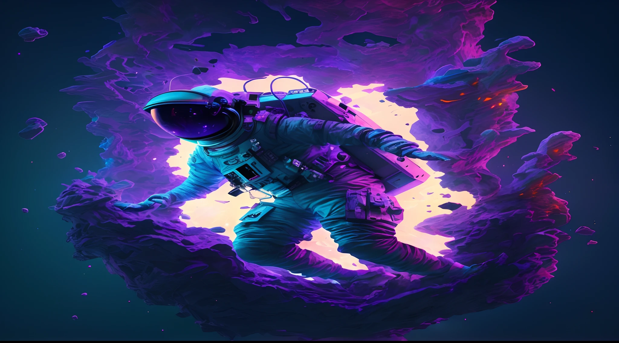 an astronaut floating in a purple and blue space with a purple and blue background, astronaut lost in liminal space, lonely astronaut, style hybrid mix of beeple, amazing space creature 4 k, astronaut below, detailed astronaut, beeple artwork, jen bartel, beeple daily art, 3 d render beeple, astronaut, 8k stunning artwork