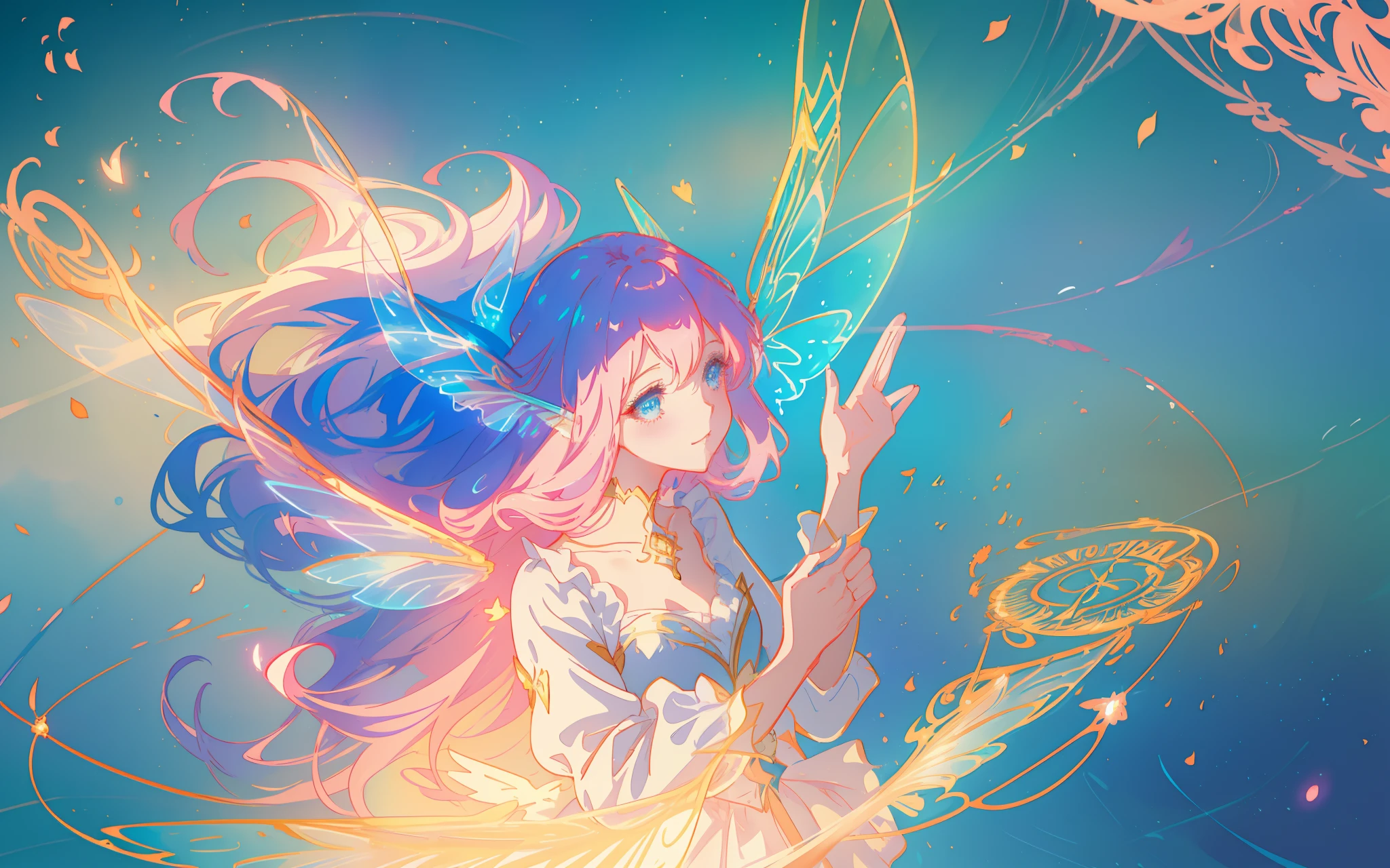 beautiful anime girl in flowing long sleeve ruffle layered ballgown, ((fairy wings)), inspired by Glen Keane, inspired by Lois van Baarle, (disney art style), by Lois van Baarle, glowing aura around her, by Glen Keane, jen bartel, glowing lights! digital painting, flowing glowing hair, glowing flowing hair, beautiful digital illustration, fantasia background, whimsical, magical, fantasy, ((masterpiece, best quality)), intricate details, highly detailed, sharp focus, 8k resolution, sparkling detailed eyes, liquid watercolor, swirling magical lines of light. pastel colors