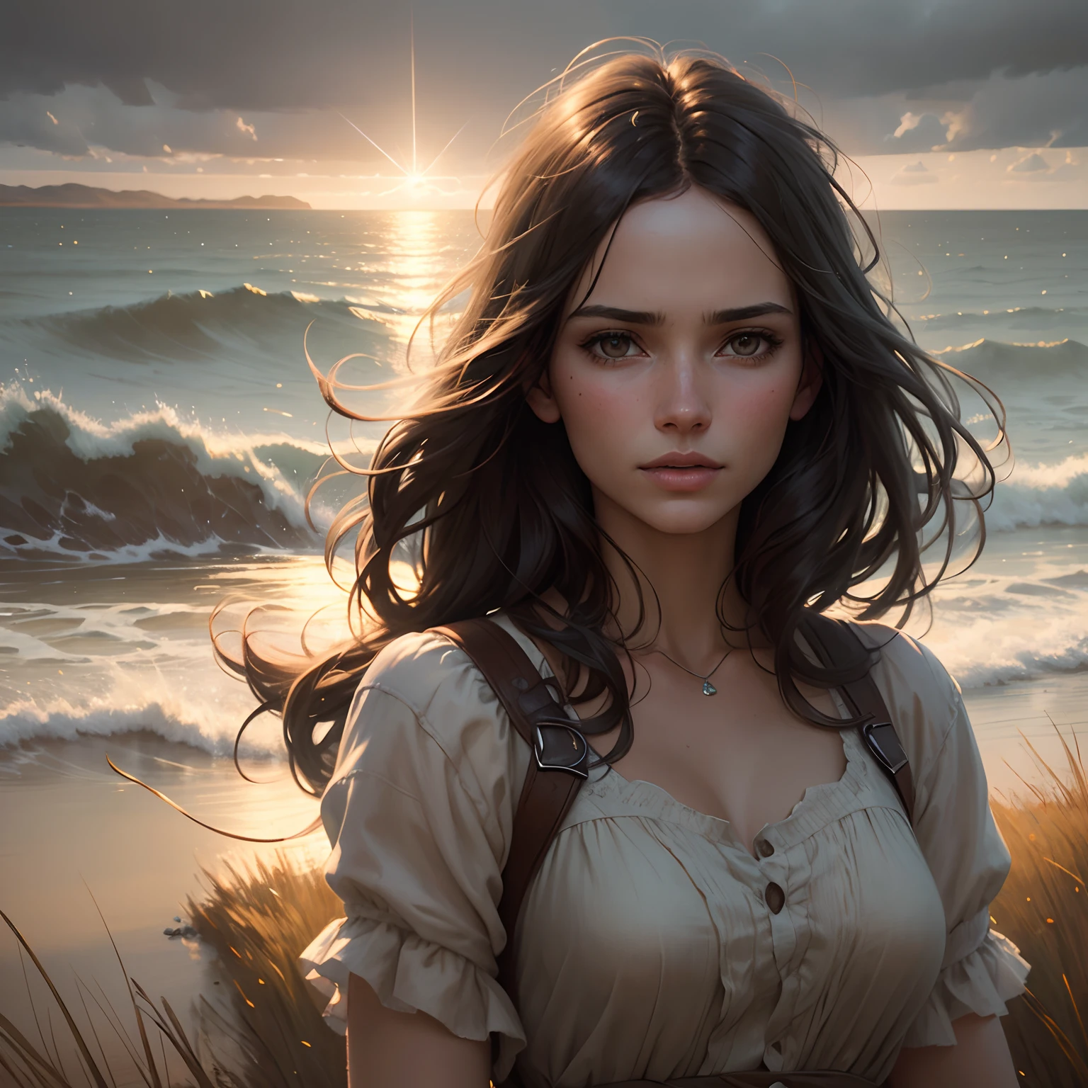 Portrait of a pretty woman in a windy field, river, (contre-jour), Realstic, Masterpiece, Highest quality, Lens Flare, ombre, fleurir, [[aberration chromatique]], par Jeremy Lipking, par Antonio J. Manzanedo, digital painting, Style-GlassFinal, Texture naturelle de la peau