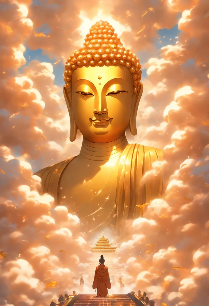A huge golden Buddha statue rushed into the clouds,stately,Buddhism 32 phases,Neck limb length and ergonomic proportions,,Pilgrims on the road,light smile,China style,In the distance, surrealism, stereograms, tachi-e, Atmospheric perspective, hyper photorealism, Cinematic lighting, god light, Super detail, ccurate, Best quality, masutepiece, 16 k, High details, A high resolution, awardwinning, Super detail, Anatomically correct