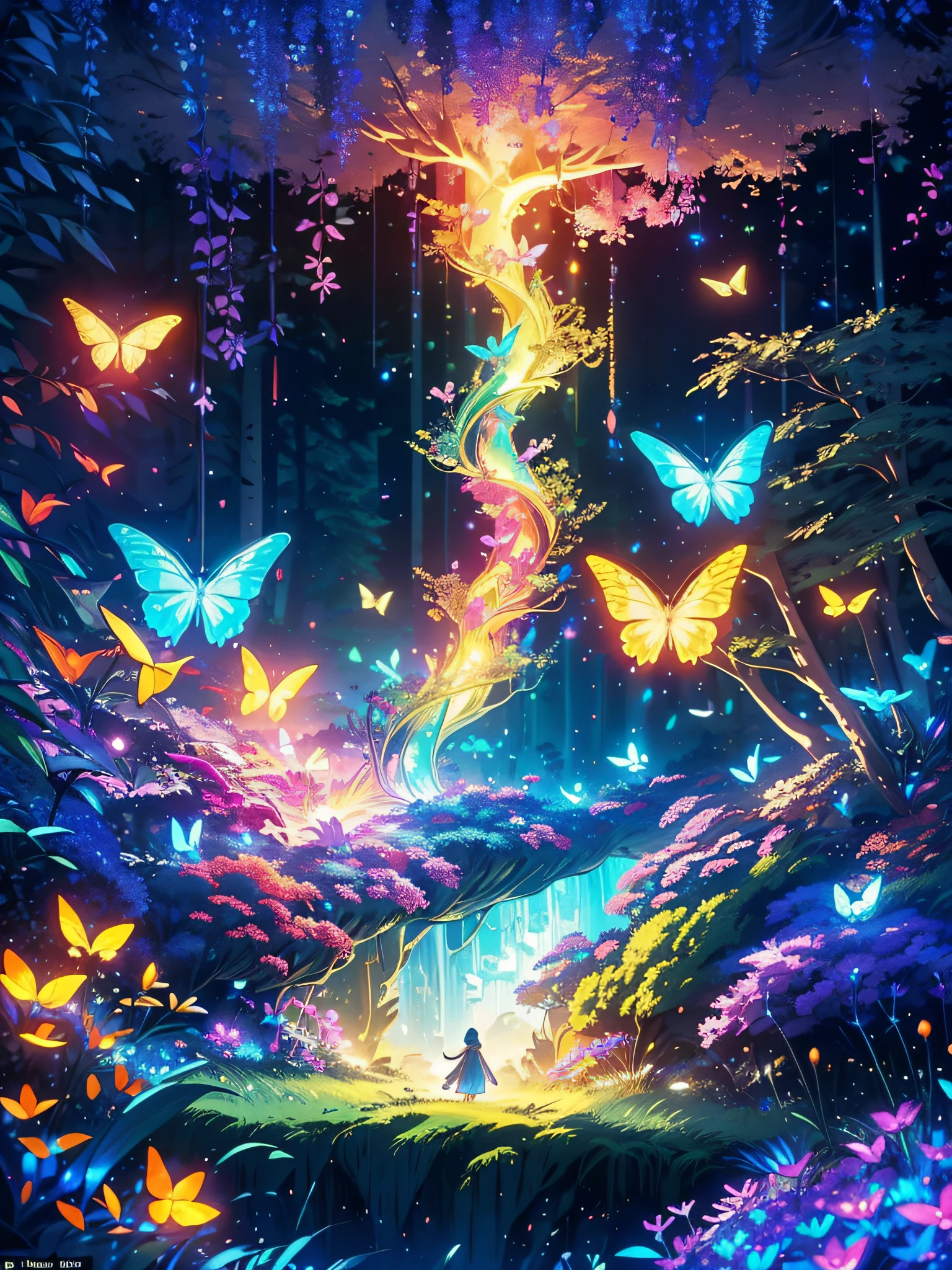 Enchanted mystical forest, neon-colored butterflies, pure blue water river spring, golden mini fairies, glowing mushrooms releasing pollen, extremely beautiful landscape, (ultra-realistic), {extremely detailed 8k CG unit wallpaper}, expansive landscape photography, (a low view that prioritizes the entire scene, (wide open field view), (low angle shot), (high light: 1.5), (low light: 1.0), (warm light source: 1.0), complex details, (iridescent colors: 1.5), (bright lighting), (atmospheric lighting), nature, magical, landscape