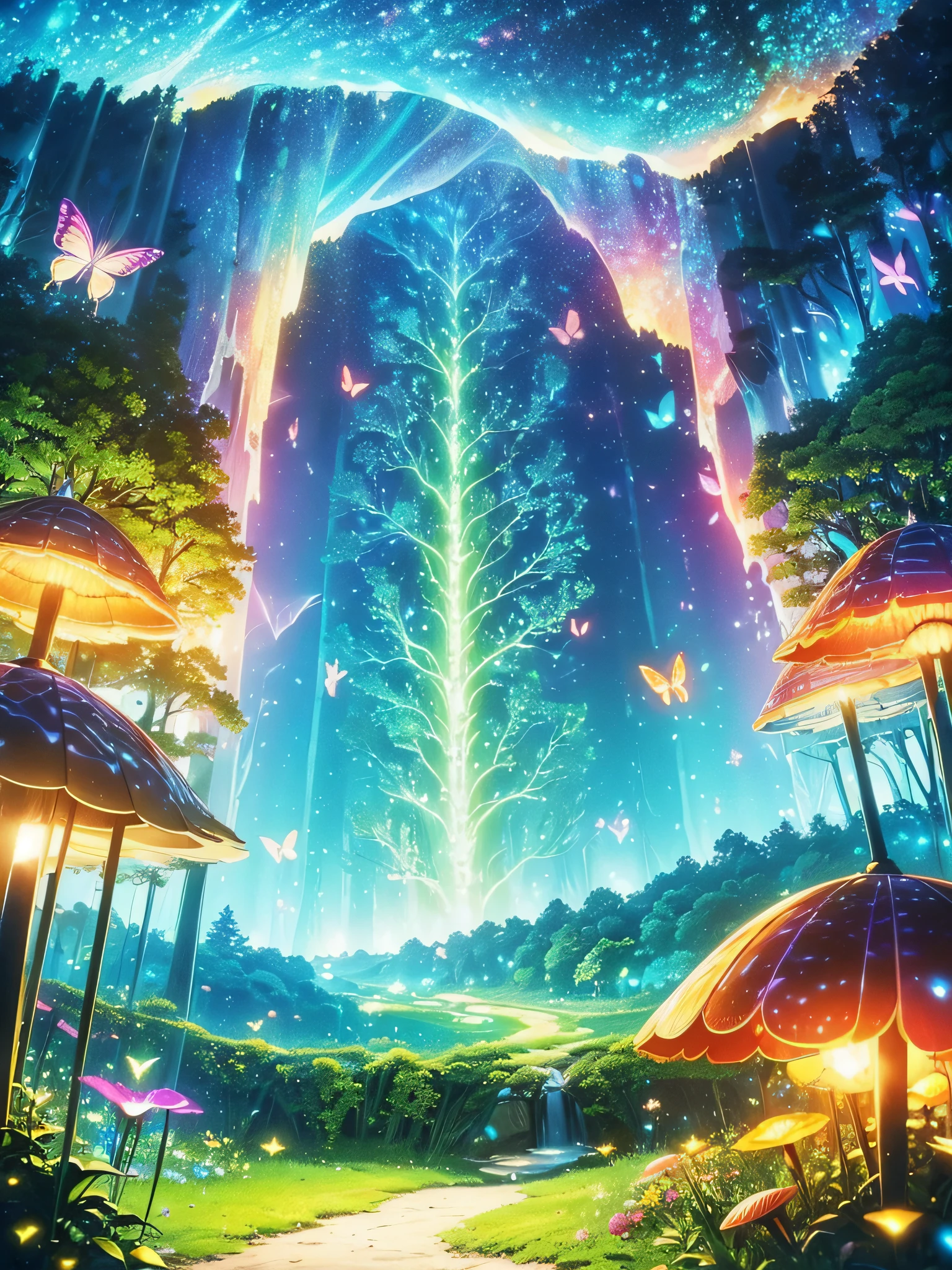 Enchanted mystical forest, neon-colored butterflies, pure blue water river spring, golden mini fairies, glowing mushrooms releasing pollen, extremely beautiful landscape, (ultra-realistic), {extremely detailed 8k CG unit wallpaper}, expansive landscape photography, (a low view that prioritizes the entire scene, (wide open field view), (low angle shot), (high light: 1.5), (low light: 1.0), (warm light source: 1.0), complex details, (iridescent colors: 1.5), (bright lighting), (atmospheric lighting), nature, magical, landscape