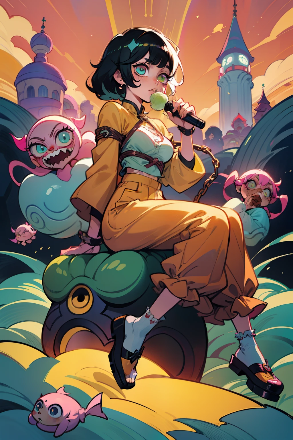girl in a garden with her imaginary friends, magazine cover, yellow shirt, yellow skirt, yellow hair, yellow sky, yellow, yellow cats, yellow bed, wearing low rise baggy camo pants with square pockets and a cute decorated bra with chains and tore pants, yellow pants, change background, CITY LANDSCAPE, PINK HAIRED, Cotton CANDY, long black haired princess girl with her short green haired zombie boyfriend (((DEMON SLAYER anime art style theme))) ANIME STYLE. TRADITIONAL CHINESE MANGA, Singing into microphone, sitting on large dice, yellow theme, sisters, couple, shibari over a floral dress, crocs with charms, frilly ankle socks with bows, large bows, color schemes pink, pink glowing elements, light effects, bright lights, aura, light rays, back lighting, warm back light, background is just pillows, dynamic pose, vogue model, prada model, gucci model, long braided hair, flowers,tattoos, piercings, socks with frills, mini jean skirt, and strap-less top, y2k, white water, underwater with fishes everywhere holding breath eating fish, Ultra maniac anime manga style theme (nana manga) Kamikaze kaitoujin, full body high quality 4k illustration, Junji ito style, (uzumaki, lit. "Spiral") is a Japanese horror manga series written and illustrated by Junji Ito, horror illustration, (uzumaki) (tomie) (a girl,beauty,2girls,3girls)cool detailed eyes,beautiful detailed lips,extremely detailed eyes and face,longeyelashes,colorful hair,confident smile,stylish outfit, earringsin a dynamic pose(aesthetic style),vibrant colors,street-art inspired background,urban lighting, pearly white and oranget, horror Comic book, White hair streaks, aqua blue hair, hair with a lot of flow, skeletons.