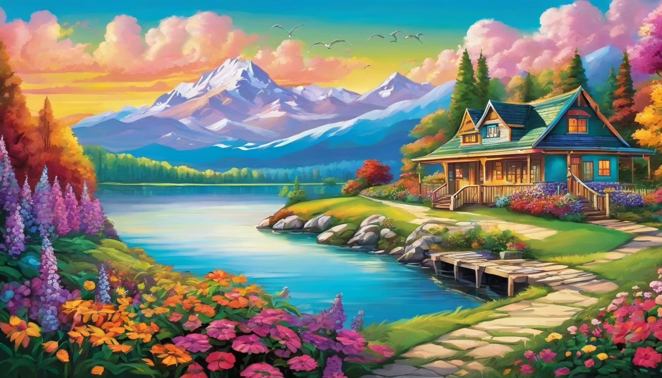 painting of a cottage, flowers beside of fence, fence along the road,  mountain landscape with a lake and a boat, illustration matte painting,  inspired by Thomas Kinkade, symmetric matte painting, detailed scenery , style raw, 8 k ultra detailed