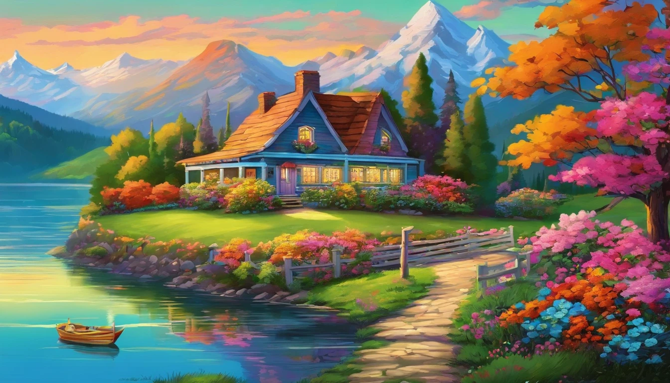 painting of a cottage, flowers beside of fence, fence along the road, mountain landscape with a lake and a boat, illustration matte painting, inspired by Thomas Kinkade, symmetric matte painting, detailed scenery , style raw, 8 k ultra detailed