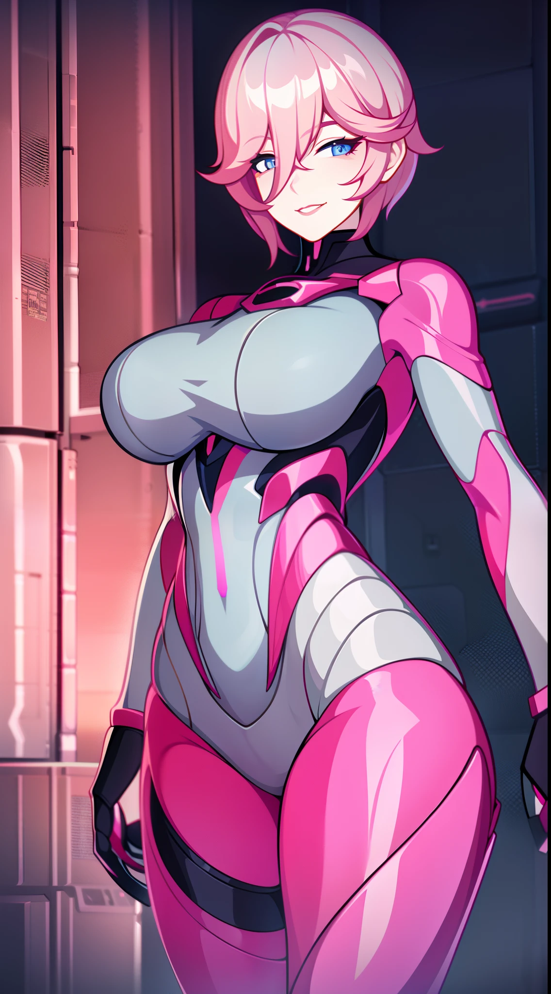 Grown-up girl, short pink hair, blue eyes, large breasts, red lipstick, smirk, Grey Plug Suit, Cyborg, Masterpiece, hiquality, 4k, HD, Good detail