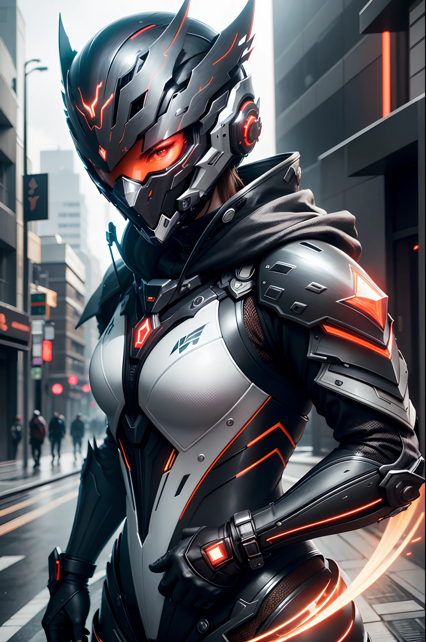 1 Japanese girl, Warframe, intricate pattern, metal pesado, linhas de energia, Anonymous, olhos brilhantes, elegante, intenso, Uniforme vermelho e preto sangue, sozinho, moderno, cidade, Ruas, nuvens escuras, tempestade, chuva forte,, dramatic lighting,, (master part:1.2), best quality, high resolution,   lindo detalhado, extremamente detalhado, perfect lighting, armadura amarela, technological helmet with black visor, futuristic city apocalyptic.