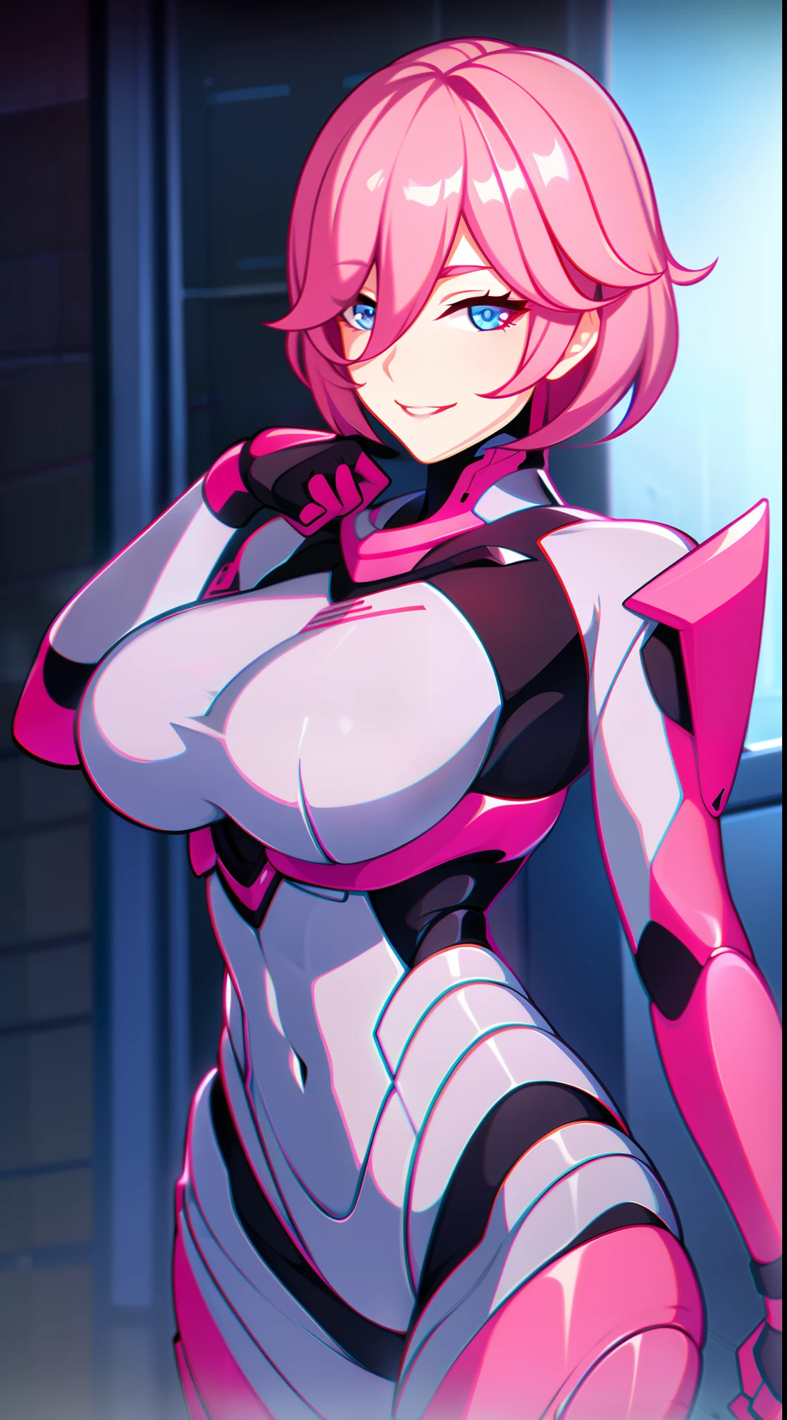 (Highres) (Detailed illustration) Ultra-detailed, light blue eye color, detailed face, Asuka Koukawa, Taimanin, bodysuit, hime hair, pointed bangs, light red hair, large breasts, abdominal muscles, toned abdomen, wet shine latex bodysuit, opaque pink bodysuit, , visible muscles, athletic body, muscular arms, mechanical limbs, oppai, hero, confident, smug expression, smug girl, mischievous smile, cocky, showing off, flirtatious, smirking, playing with breasts, squeezing breasts, pinching breasts, fondling breasts, groping breasts, fingers squeezing, fingers squishing into breasts, fingers sinking into breasts, breasts overflowing fingers, soft breasts, squishy breasts, detailed latex bodysuit, detailed glassy eyes, detailed face,