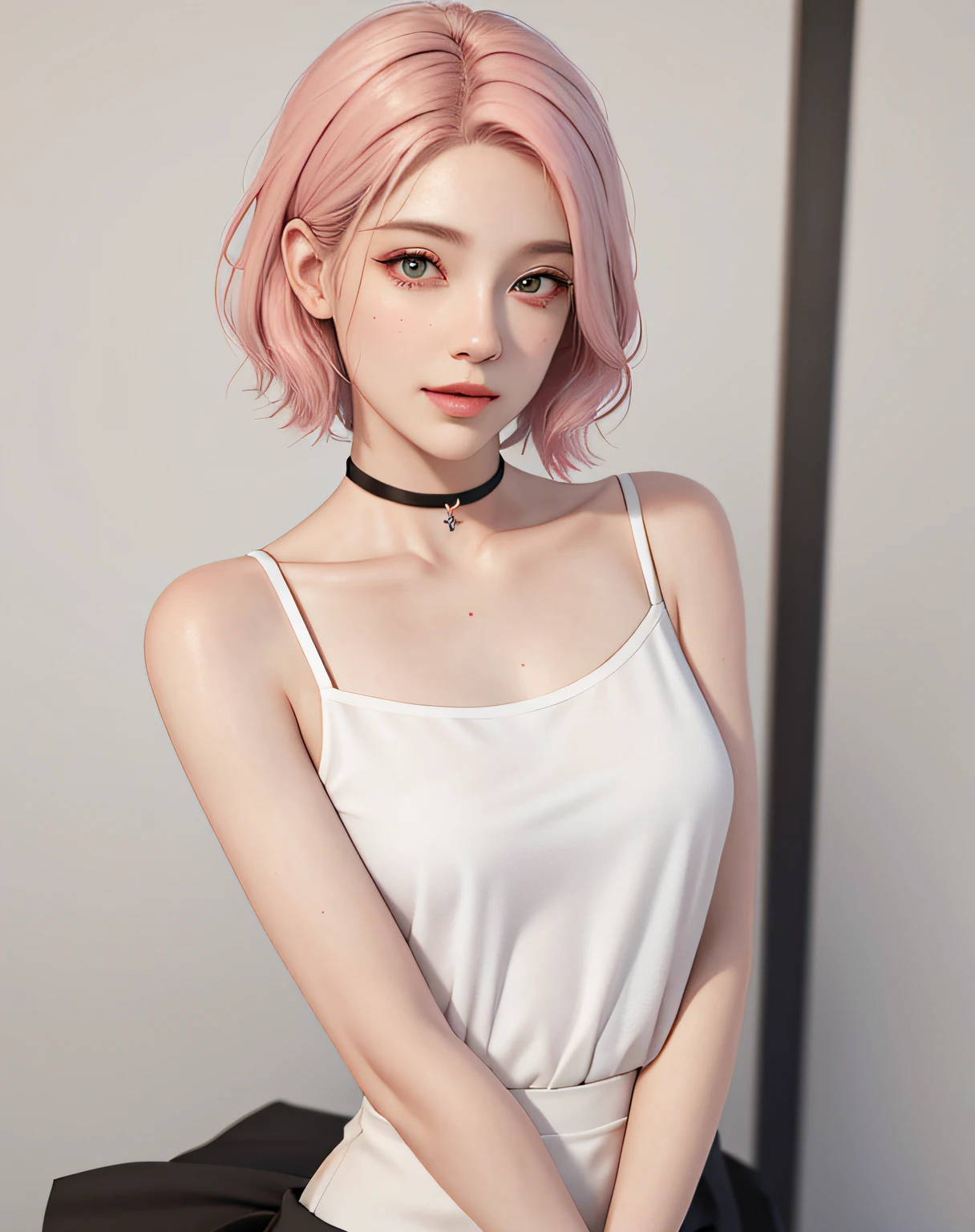 (masterpiece, highest quality, 1 girl, alone, exquisite details, color difference), realistic, ((Medium breath)), short and thin hair, pink haired, Pink highlighted, black eye, 耳Nipple Ring, clear eyes,choker necklace,white apparel,conservative clothing,T-shirt,small ,white dress,skirt(symmetrical eyes),(perfectly symmetrical body),frontage,Upper body,Do not cover your head,have white skin,cool girl,model the face,real human being,realistic effect,3D modeling,the only person,Please point the camera straight ahead.,smile,frontage,simple hairstyle,short and thin hair,No decoration,simple, erect nipples,