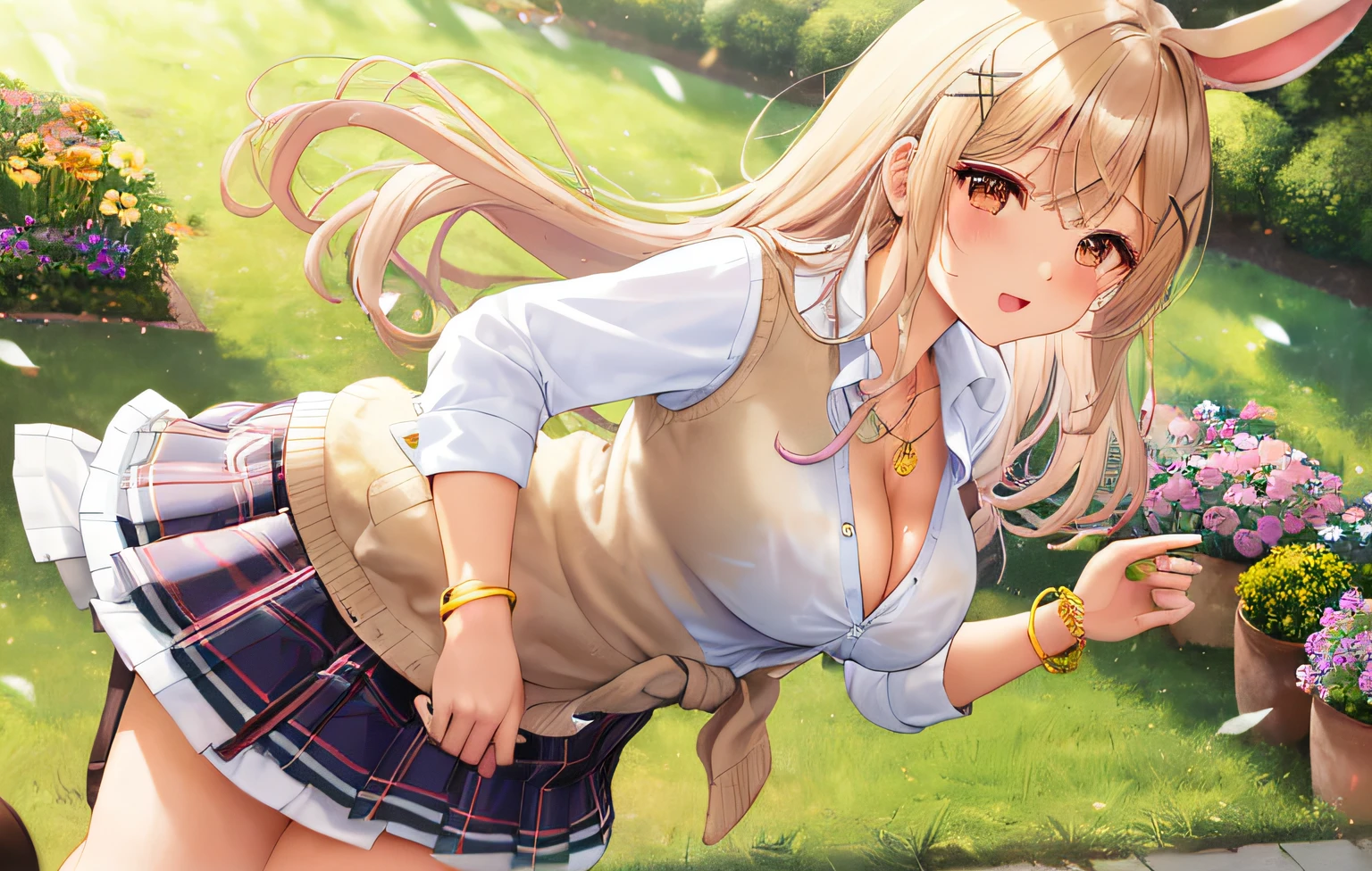 best quality,ultra-detailed,soft pastel,7 rabbits playing together,dreamlike garden scene,fluffy fur,adorable expressions,jumping and running,harmonious colors,beaming sunlight,exquisite flowerbeds,lush green grass,colorful butterflies dancing around,vibrant blooming flowers,playful interaction between rabbits,whimsical atmosphere,peaceful and joyful ambiance、(School Uniforms:1.2), (gyaru:1.2), (white shirt:1.3), (beige cardigan tied around waist:1.3), ((cleavage, unbuttoned):1.2), (plaid-pattern pleated-skirt:1.2), ((necklace,colorful bracelet,X hair ornament):1.2),