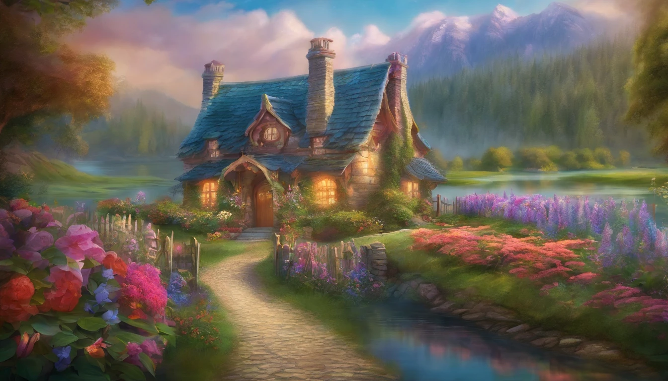 painting of a cottage, flowers beside of fence, fence along the road, mountain landscape with a lake and a boat, illustration matte painting, inspired by Thomas Kinkade, symmetric matte painting, detailed scenery , style raw, 8 k ultra detailed