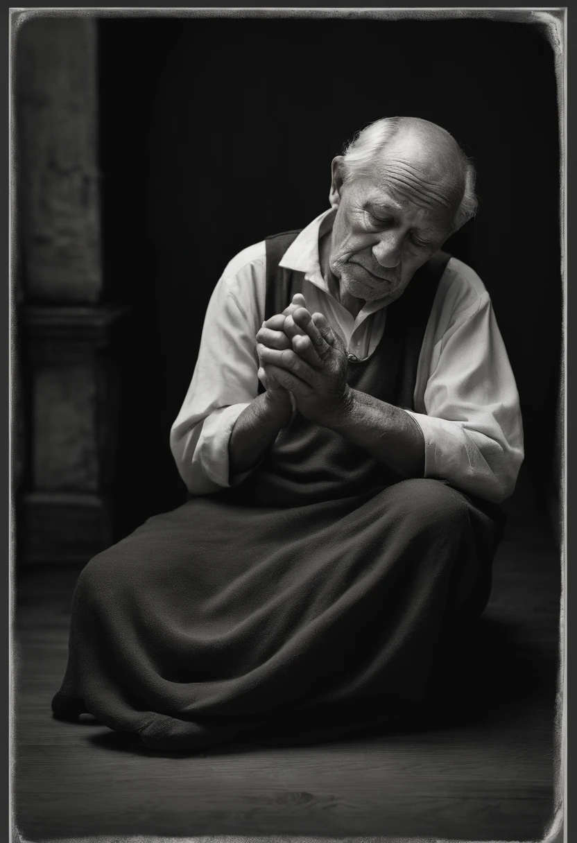 Capture the essence of an old man's prayer in a stunning black and white photograph. The image focuses on the wrinkled hands of the man, clasped tightly together, with the delicate veins and age spots telling a tale of a life well-lived. The lighting is soft, casting subtle shadows that enhance the texture and depth of the hands. The photograph conveys a sense of reverence and introspection, immersing the viewer in the quiet power of prayer. The simplicity and timeless beauty of the image evoke a profound emotional response, capturing the essence of faith and devotion.