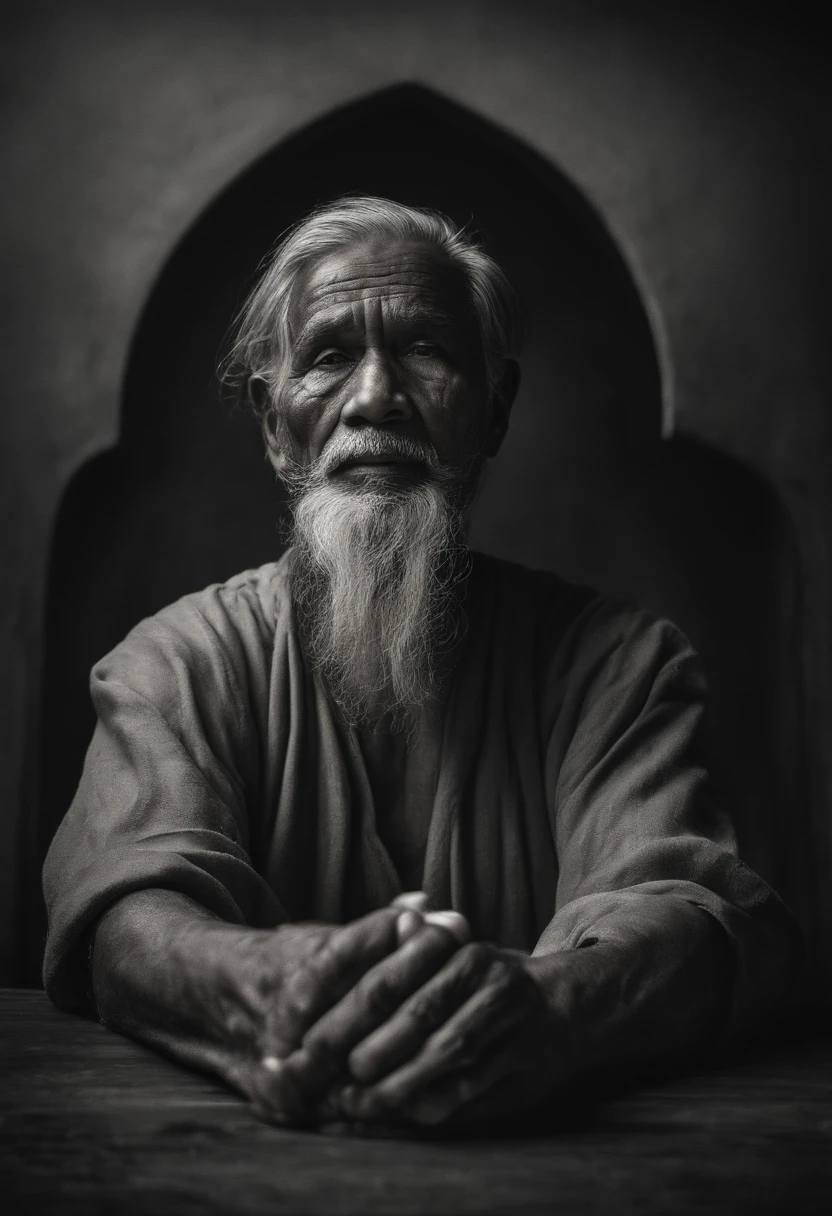 Capture the essence of an old man's prayer in a stunning black and white photograph. The image focuses on the wrinkled hands of the man, clasped tightly together, with the delicate veins and age spots telling a tale of a life well-lived. The lighting is soft, casting subtle shadows that enhance the texture and depth of the hands. The photograph conveys a sense of reverence and introspection, immersing the viewer in the quiet power of prayer. The simplicity and timeless beauty of the image evoke a profound emotional response, capturing the essence of faith and devotion.