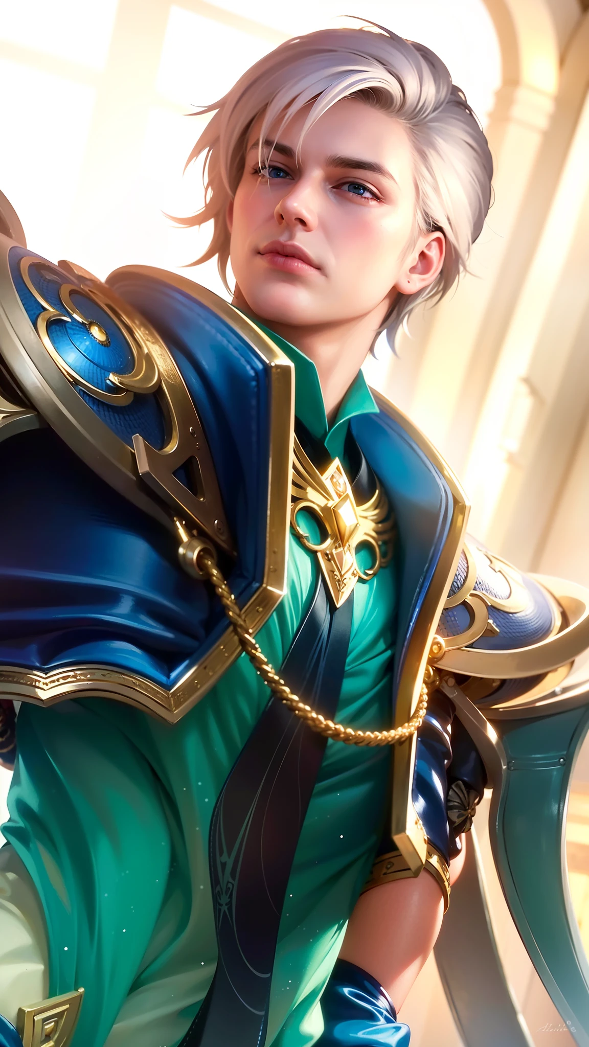 masculine male, masterpiece, ((perfect eyes)) best quality, (semirealism:1.9), beautiful lighting, (extremely detailed CG unity 4k fhd wallpaper), High Detail, Sharp focus, dramatic outdoors, 1 boy ,19 years old, white hair, light purpel eyes, smile.