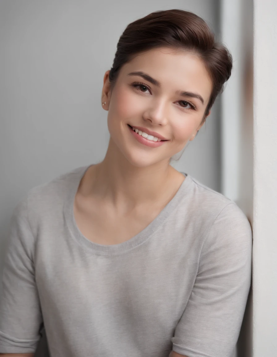 (photo: 1.3) af (photorealism: 1.3), Hispanic Americans soft light, clear face, happy, cheerful, warm light, white t-shirt, ((off-white background)), ((off-white background)) . ((grey wall background)) avatar, (long or short hair), smile, handsome, young,, short hair, smile, (close-up)