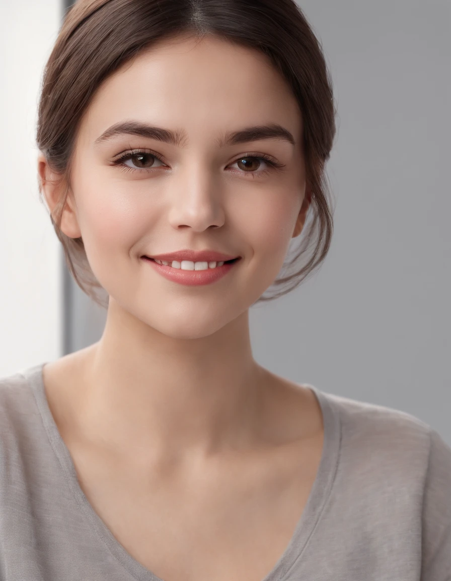 (photo: 1.3) af (photorealism: 1.3), Hispanic Americans soft light, clear face, happy, cheerful, warm light, white t-shirt, ((off-white background)), ((off-white background)) . ((grey wall background)) avatar, (long or short hair), smile, handsome, young,, short hair, smile, (close-up)