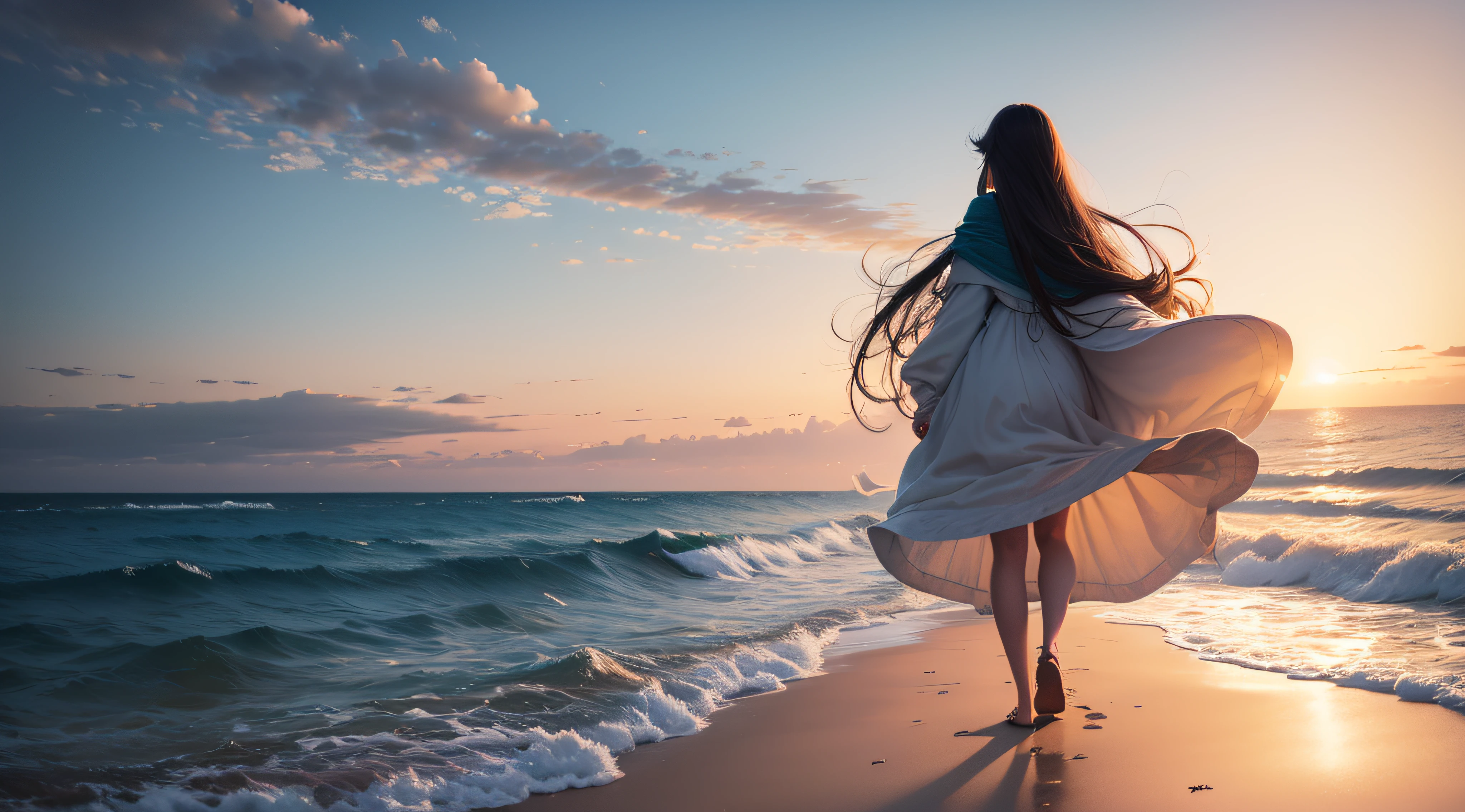 beautiful girl with long hair walking by sea where the sea and sky meet at the horizon