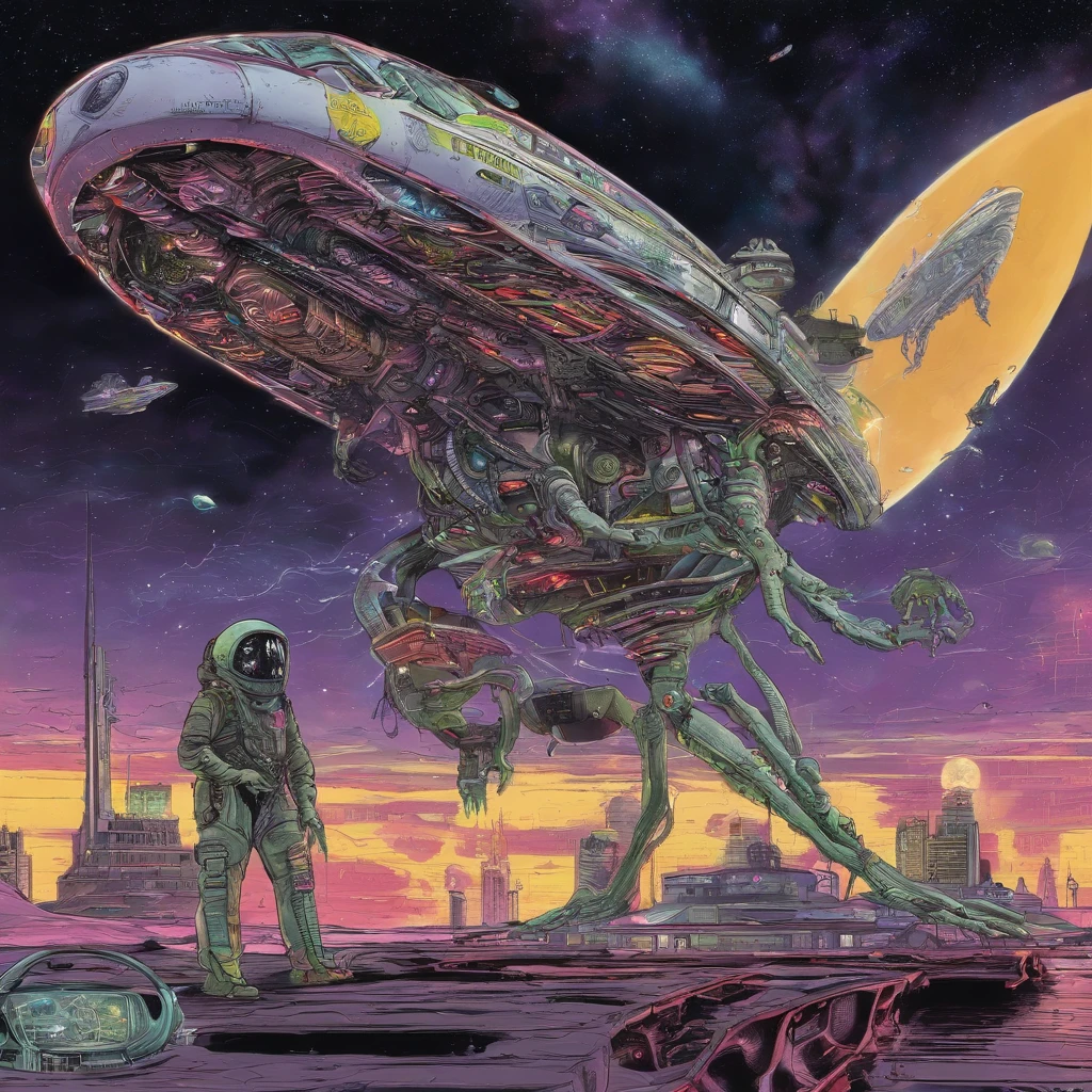 desenhe em estilo cover art de Play Station 1 uma nave espacial abduzindo pessoas em uma cidade e um alien em cartoon segurando um controle remoto