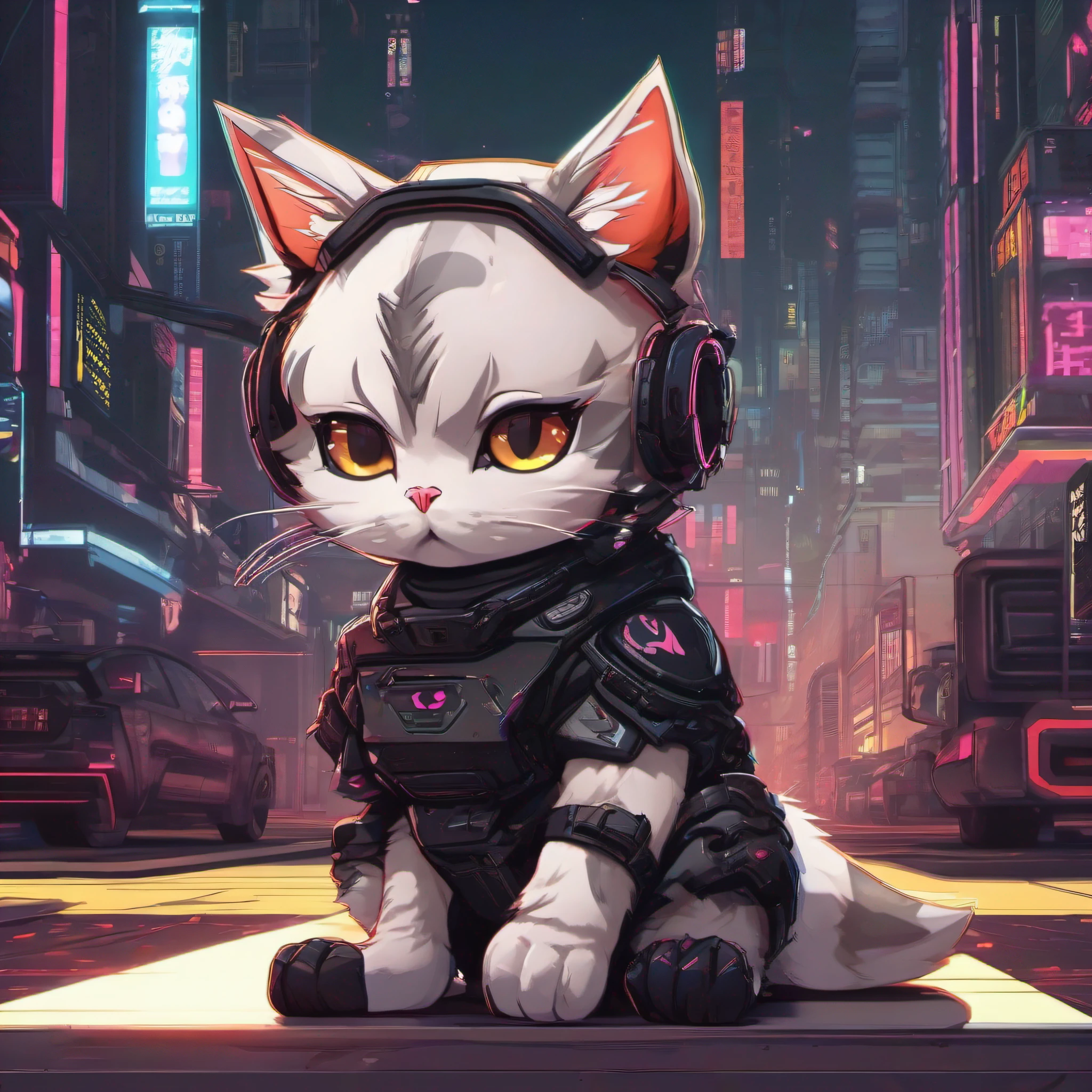 Cat chibi with hyper-realistic cyberpunk style in cyberpunk aesthetic cyberpunk shading, cyberpunk leon