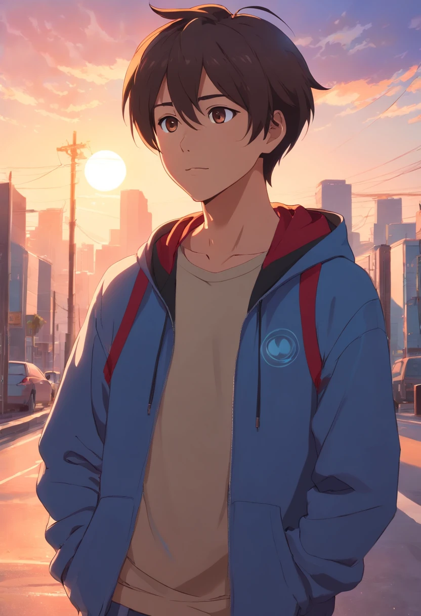 obra-prima, melhor qualidade, filme ainda 26 year old man, dark skin, short hair, wearing a blue hoodie with a black shirt with a red symbol on the chest and red and black Air Jordan sneakers close-up, brilhante, feliz, Soft lighting and Warm, sun sunset, (Sparks: 0,7