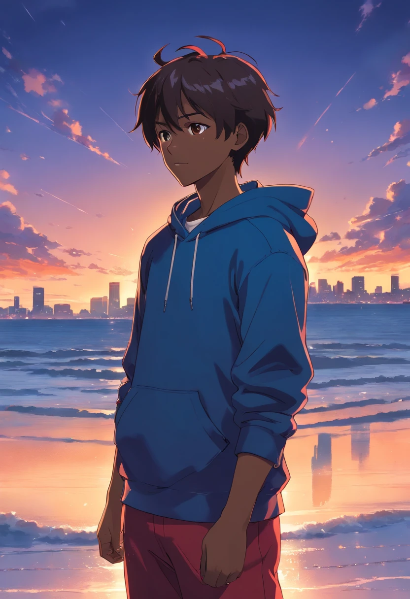 obra-prima, melhor qualidade, filme ainda  26 year old man, dark skin, short hair, wearing a blue hoodie with a black shirt with a red symbol on the chest and red and black Air Jordan sneakers close-up, brilhante, feliz, Soft lighting and Warm, sun sunset, (Sparks: 0,7