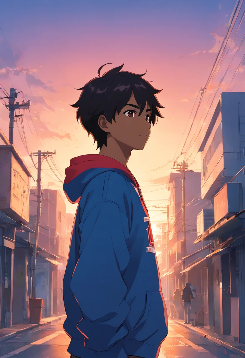 obra-prima, melhor qualidade, filme ainda 26 year old man, dark skin, short hair, wearing a blue hoodie with a black shirt with a red symbol on the chest and red and black Air Jordan sneakers close-up, brilhante, feliz, Soft lighting and Warm, sun sunset, (Sparks: 0,7