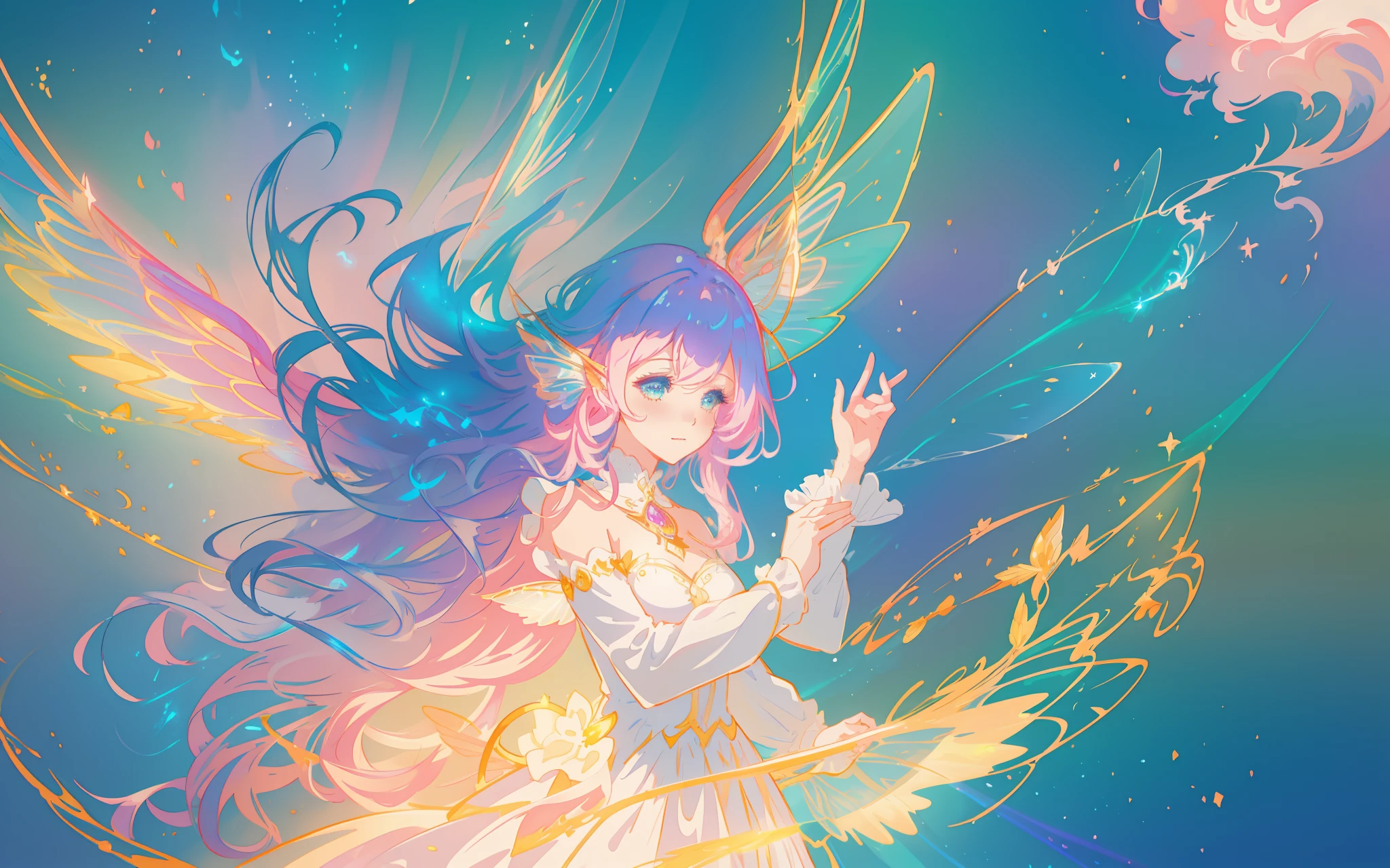 beautiful anime girl in flowing long sleeve ruffle layered ballgown, ((fairy wings)), inspired by Glen Keane, inspired by Lois van Baarle, (disney art style), by Lois van Baarle, glowing aura around her, by Glen Keane, jen bartel, glowing lights! digital painting, flowing glowing hair, glowing flowing hair, beautiful digital illustration, fantasia background, whimsical, magical, fantasy, ((masterpiece, best quality)), intricate details, highly detailed, sharp focus, 8k resolution, sparkling detailed eyes, liquid watercolor, swirling magical lines of light. pastel colors