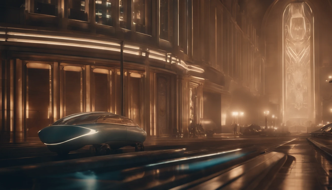 A futuristic Decopunk utopian metropolis with lots of Art Deco architecture, soft-lighting, foco nítido, qualidade 8k, Foto RAW