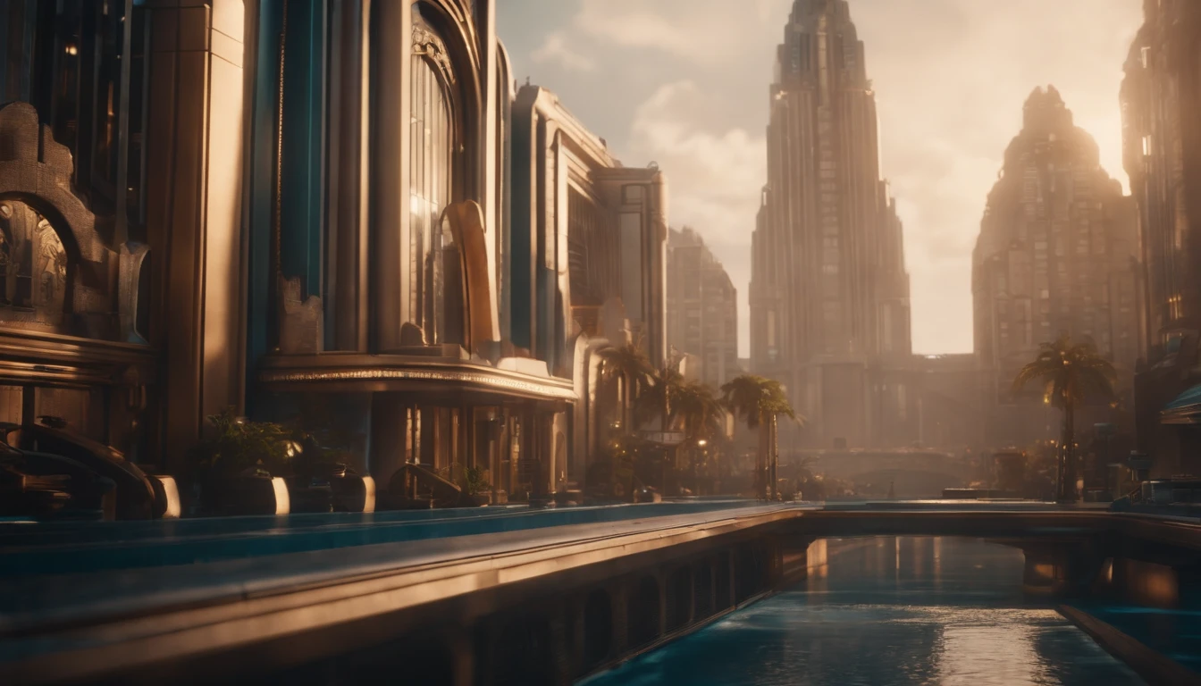 A futuristic Decopunk utopian metropolis with lots of Art Deco architecture, soft-lighting, foco nítido, qualidade 8k, Foto RAW