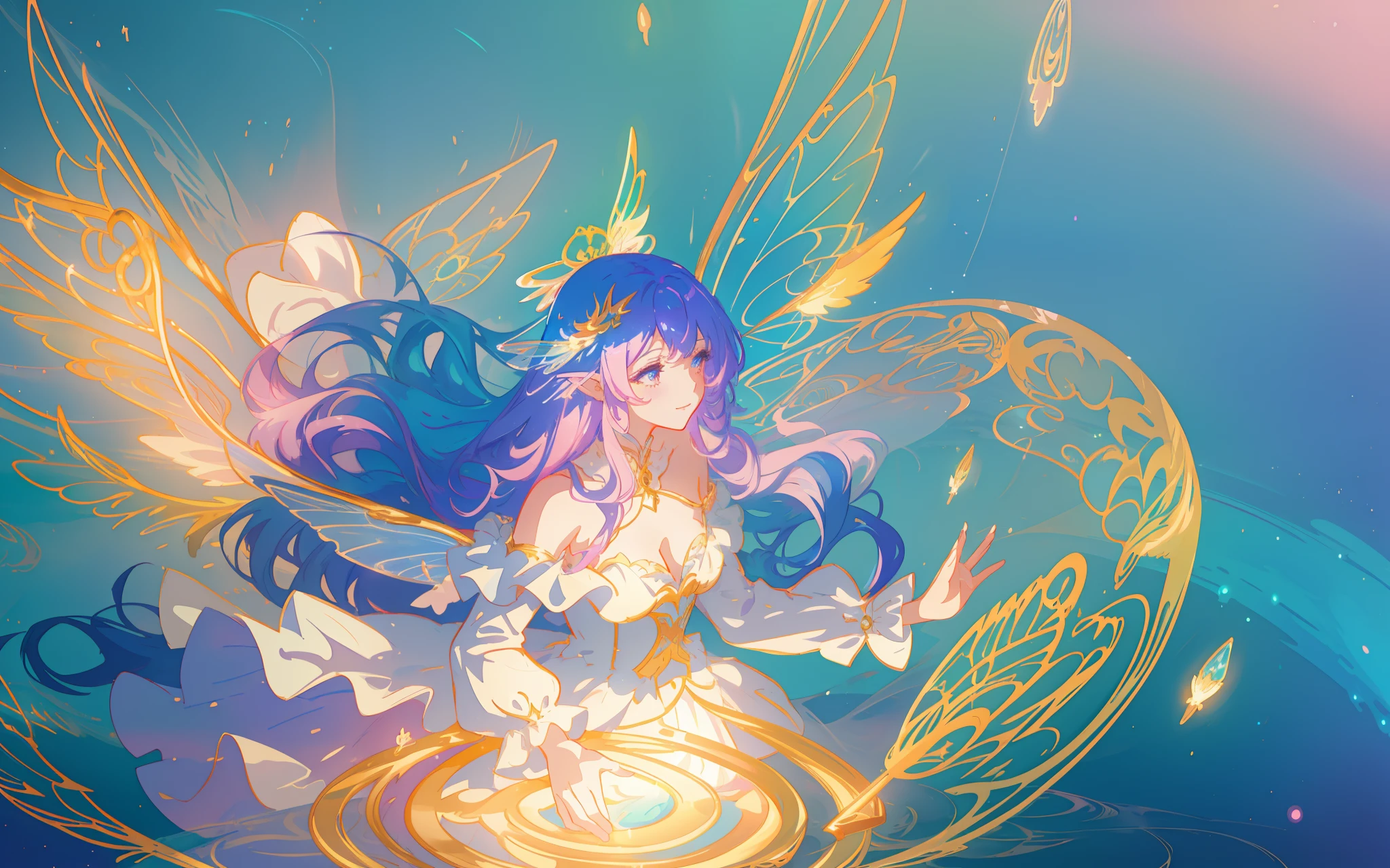 beautiful anime girl in flowing long sleeve ruffle layered ballgown, ((fairy wings)), inspired by Glen Keane, inspired by Lois van Baarle, (disney art style), by Lois van Baarle, glowing aura around her, by Glen Keane, jen bartel, glowing lights! digital painting, flowing glowing hair, glowing flowing hair, beautiful digital illustration, fantasia background, whimsical, magical, fantasy, ((masterpiece, best quality)), intricate details, highly detailed, sharp focus, 8k resolution, sparkling detailed eyes, liquid watercolor, swirling magical lines of light. pastel colors