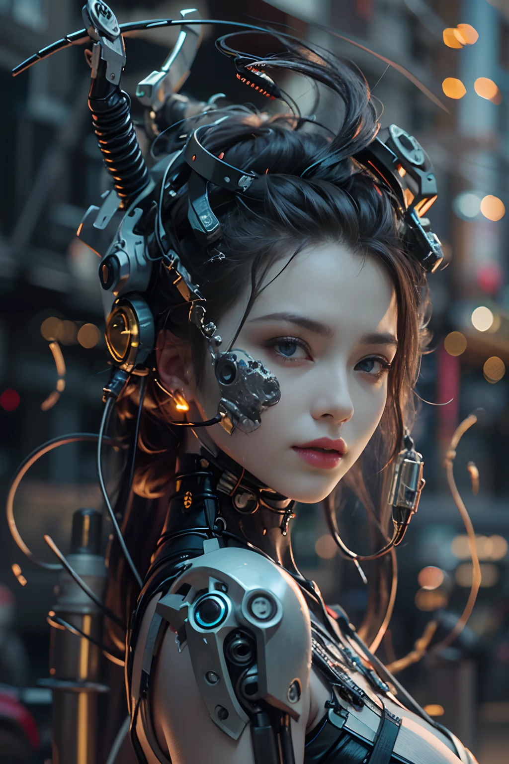 Top Quality, Masterpiece, Ultra High Resolution, ((Photorealistic: 1.4), Raw Photo, 1 cyberpunk Girl, Glossy Skin, 1 Mechanical Girl, (Ultra Realistic Details)), mechanical limbs, tubes connected to the mechanical parts, mechanical vertebrae attached to the spine, mechanical cervical attachment to the neck, wires and cables connecting to the head, Evangelion, Ghost in the Shell, small glowing LED lamps, global lighting, deep shadows, Octane Rendering, 8K, Ultra Sharp, Metal, Intricate Ornament Details, baroque details, Very intricate details, realistic light, CGSoation trend, facing the camera, neon details, (android manufactory in background), art by H.R. Giger and Alphonse Mucha.