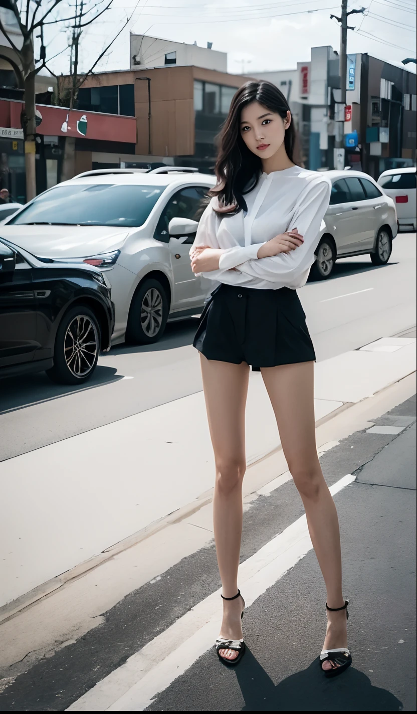 A Japanese Lady、beauitful face、二重まぶた、Long black hair、suits、Micro shorts、arms in arms、beauty legs、Raw feet、heel、Tall、Model Pose