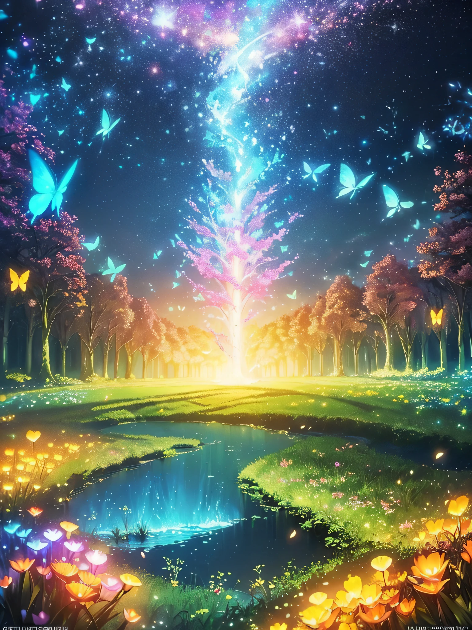 Enchanted mystical forest, neon-colored butterflies, pure blue water river spring, golden mini fairies, glowing mushrooms releasing pollen, extremely beautiful landscape, (ultra-realistic), {extremely detailed 8k CG unit wallpaper}, expansive landscape photography, (a low view that prioritizes the entire scene, (wide open field view), (low angle shot), (high light: 1.5), (low light: 1.0), (warm light source: 1.0), complex details, (iridescent colors: 1.5), (bright lighting), (atmospheric lighting), nature, magical, landscape