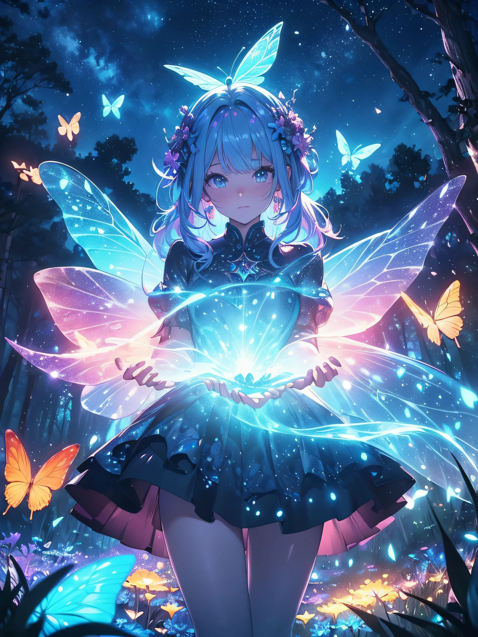 Enchanted mystical forest, neon-colored butterflies, pure blue water river spring, golden mini fairies, glowing mushrooms releasing pollen, extremely beautiful landscape, (ultra-realistic), {extremely detailed 8k CG unit wallpaper}, expansive landscape photography, (a low view that prioritizes the entire scene, (wide open field view), (low angle shot), (high light: 1.5), (low light: 1.0), (warm light source: 1.0), complex details, (iridescent colors: 1.5), (bright lighting), (atmospheric lighting), nature, magical, landscape