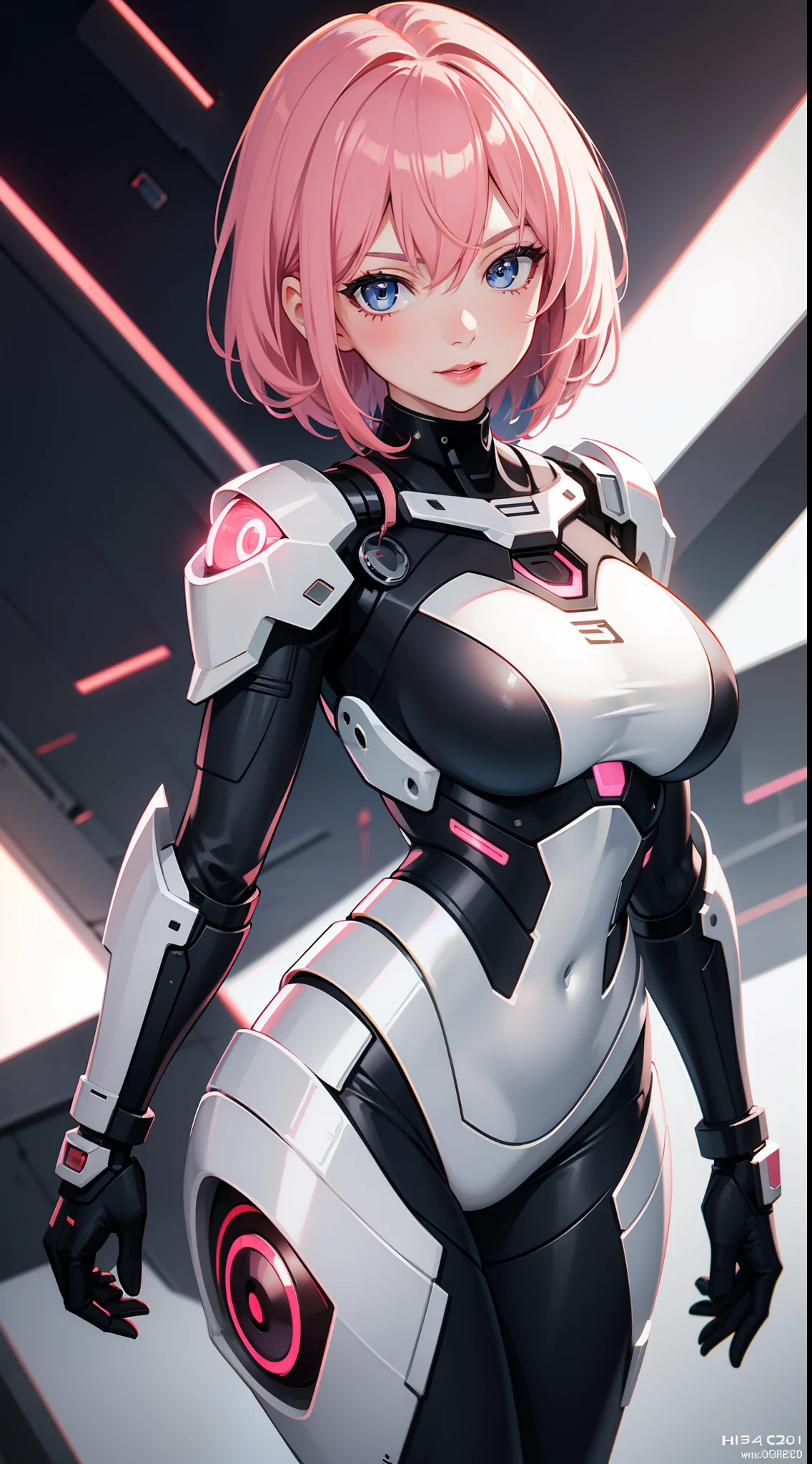 Grown-up girl, short pink hair, blue eyes, large breasts, red lipstick, smirk, Grey Plug Suit, Cyborg, Masterpiece, hiquality, 4k, HD, Good detail