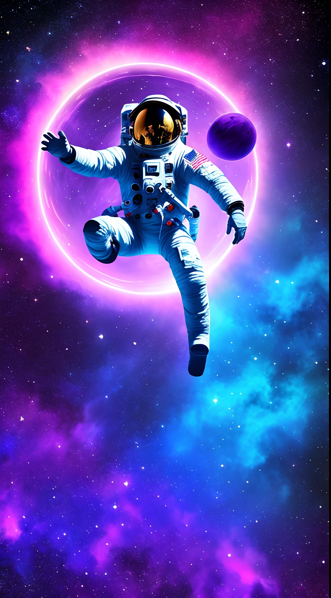 an astronaut floating in a purple and blue space with a purple and blue background