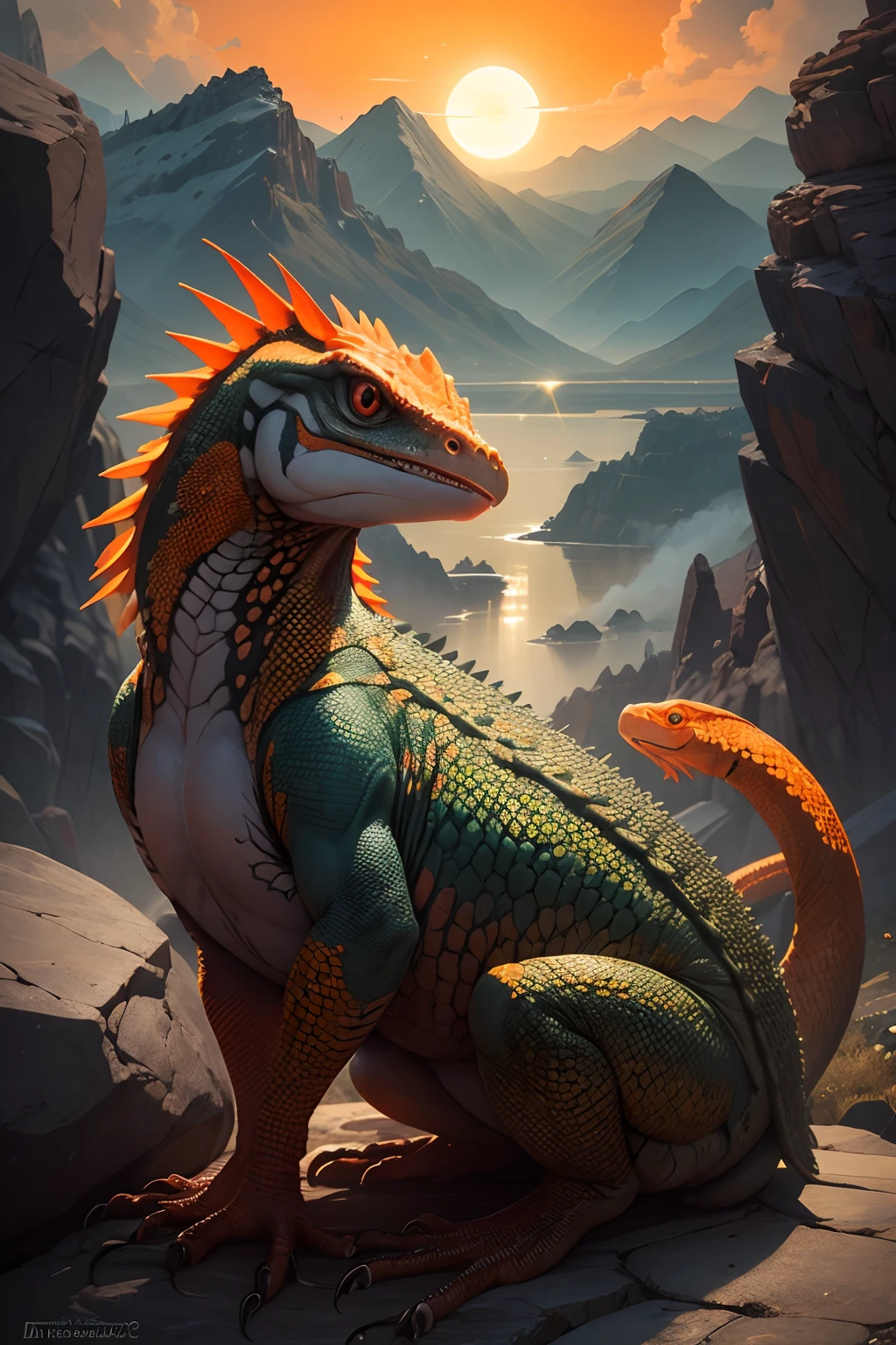 A mysterious orange lizard having fish head and eagle , red eyes , crawling over big stones in mountainous place with big and black , snake like tongue, with her eggs and there is a red sun in sky with many clouds.and it's raining