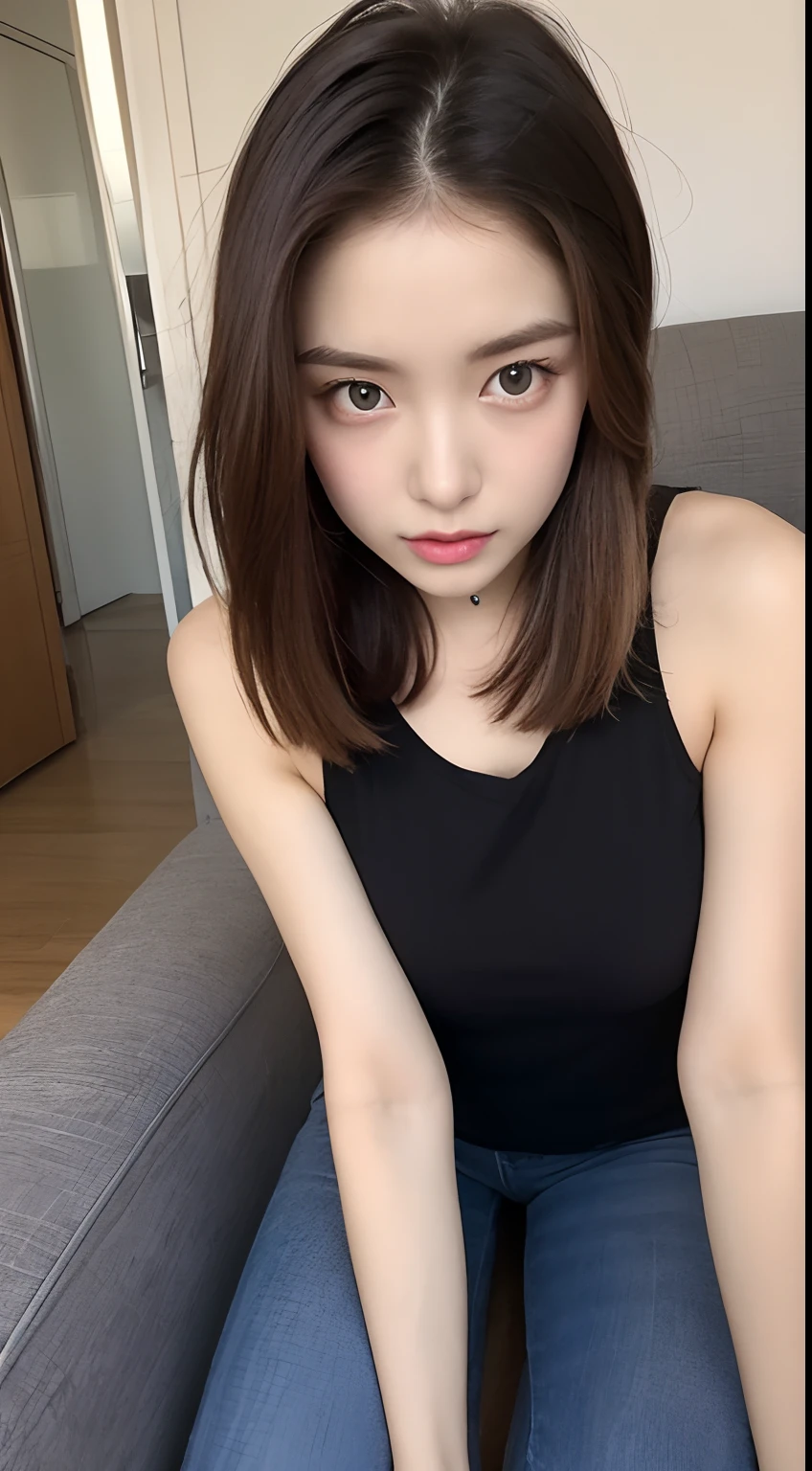 Totally Alafed Women , Sexy girl with brown eyes, A hyper-realistic, meticulously detailed, Portrait Sophie Mudd, brown hair and large eyes, selfie of a young woman, On the couch, Violet Myers, without makeup, Natural makeup, Looking directly at the camera, face with artgram, subtle makeup, Stunning full-body shot of kneeling on bed, at bedroom, Medium to large bust