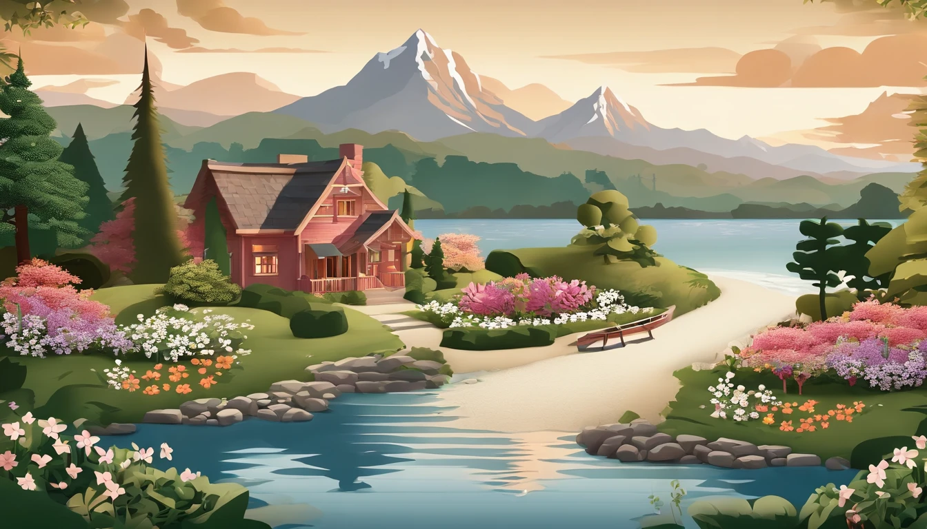 painting of a cottage, flowers beside of fence, fence along the road,  mountain landscape with a lake and a boat, illustration matte painting,  inspired by Thomas Kinkade, symmetric matte painting, detailed scenery , style raw, 8 k ultra detailed