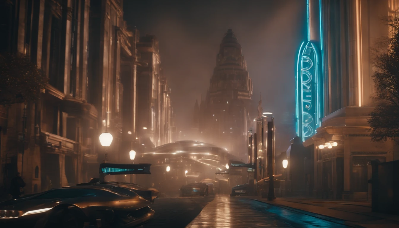 A futuristic Decopunk utopian metropolis with lots of Art Deco architecture, soft-lighting, foco nítido, qualidade 8k, Foto RAW