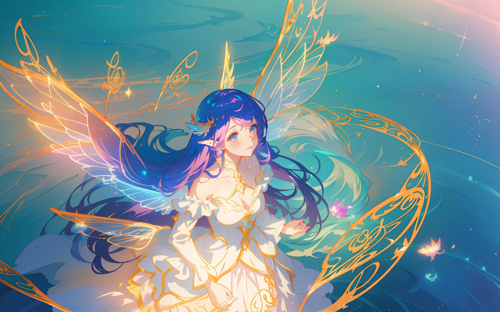 beautiful anime girl in flowing long sleeve ruffle layered ballgown, ((fairy wings)), inspired by Glen Keane, inspired by Lois van Baarle, (disney art style), by Lois van Baarle, glowing aura around her, by Glen Keane, jen bartel, glowing lights! digital painting, flowing glowing hair, glowing flowing hair, beautiful digital illustration, fantasia background, whimsical, magical, fantasy, ((masterpiece, best quality)), intricate details, highly detailed, sharp focus, 8k resolution, sparkling detailed eyes, liquid watercolor, swirling magical lines of light. pastel colors